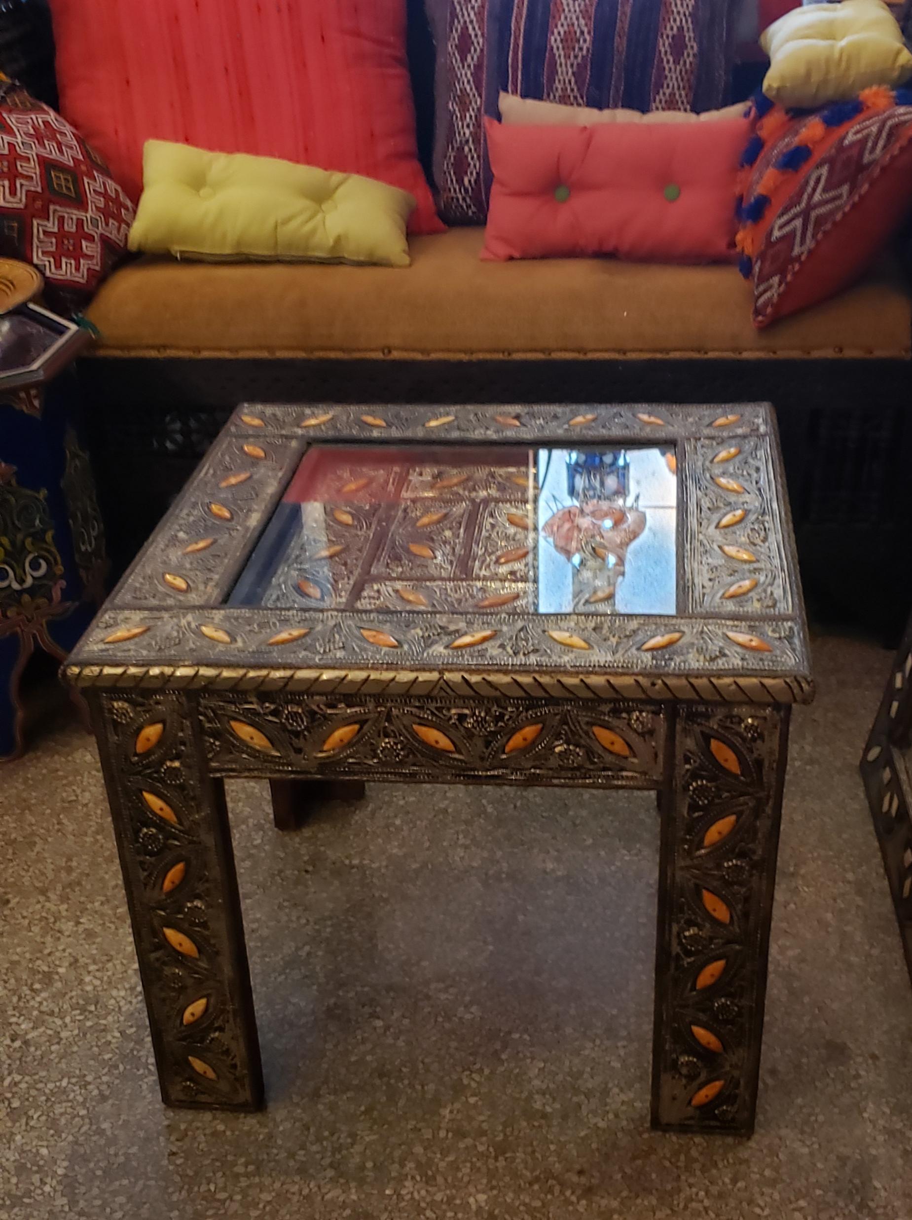 Metal Inlay and Camel Bone Moroccan Side Table, Square Top In Excellent Condition For Sale In Orlando, FL