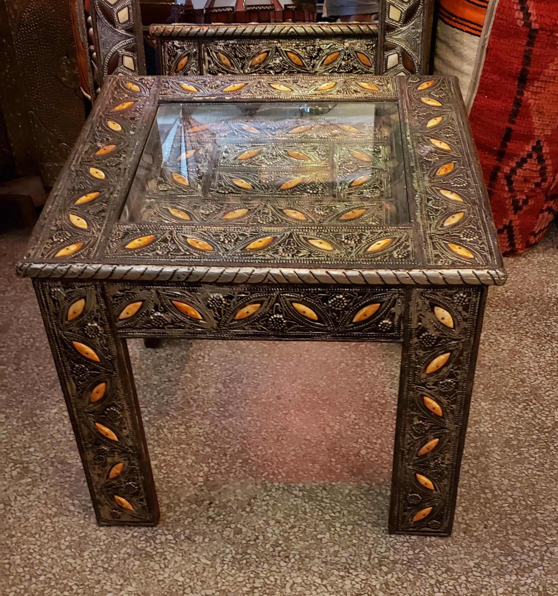 Metal Inlay and Camel Bone Moroccan Side Table, Square Top For Sale 1