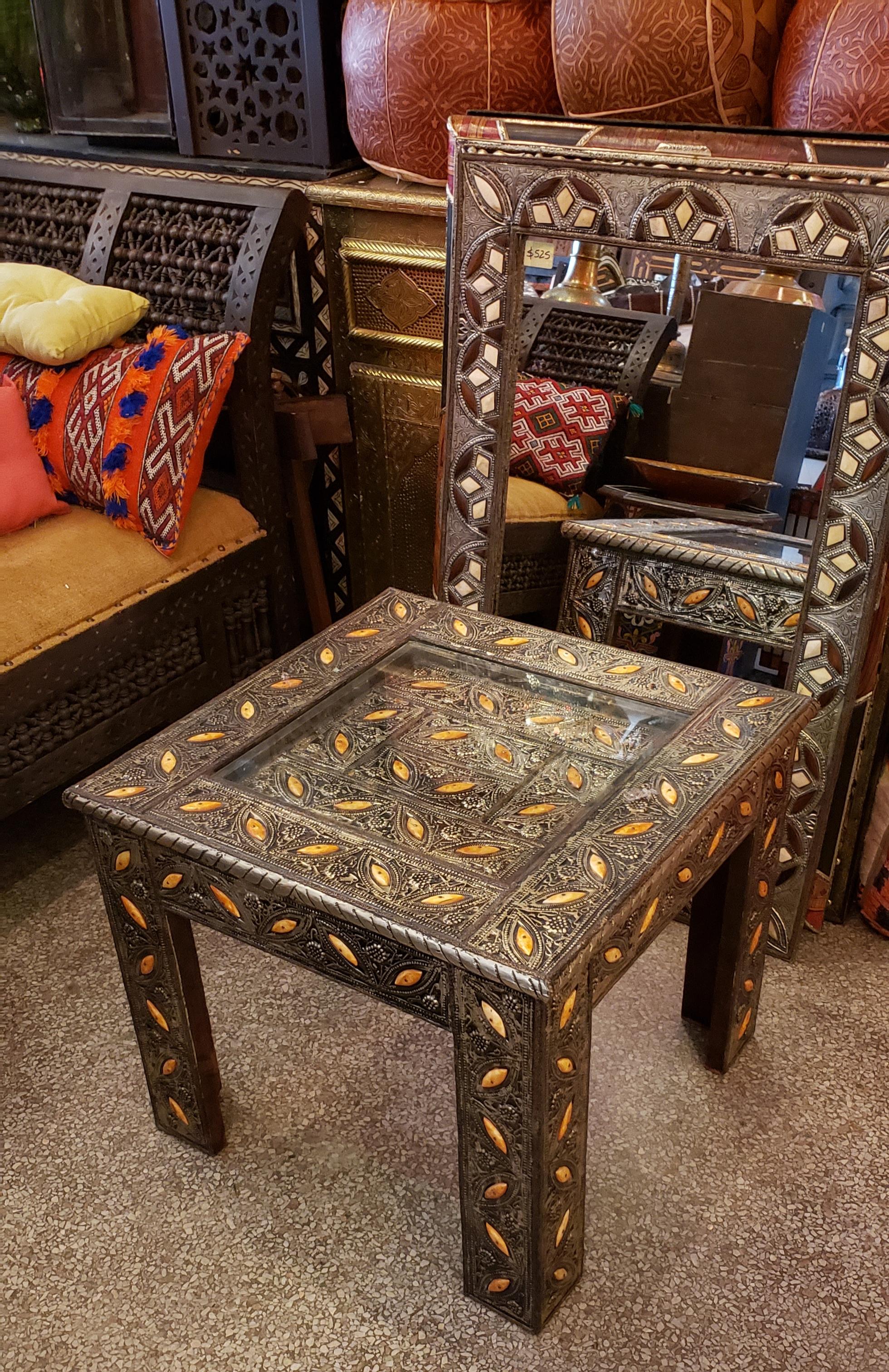 Metal Inlay and Camel Bone Moroccan Side Table, Square Top For Sale 2