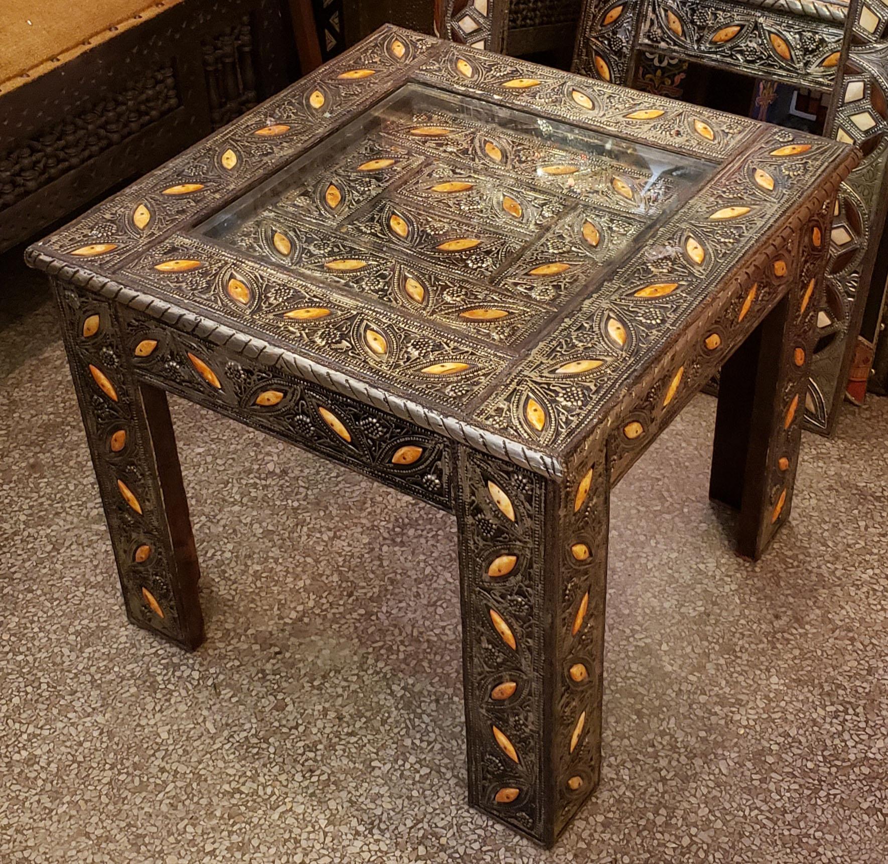 Metal Inlay and Camel Bone Moroccan Side Table, Square Top For Sale 3