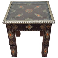 Metal Inlay and Camel Bone Moroccan Side Table, Square Top