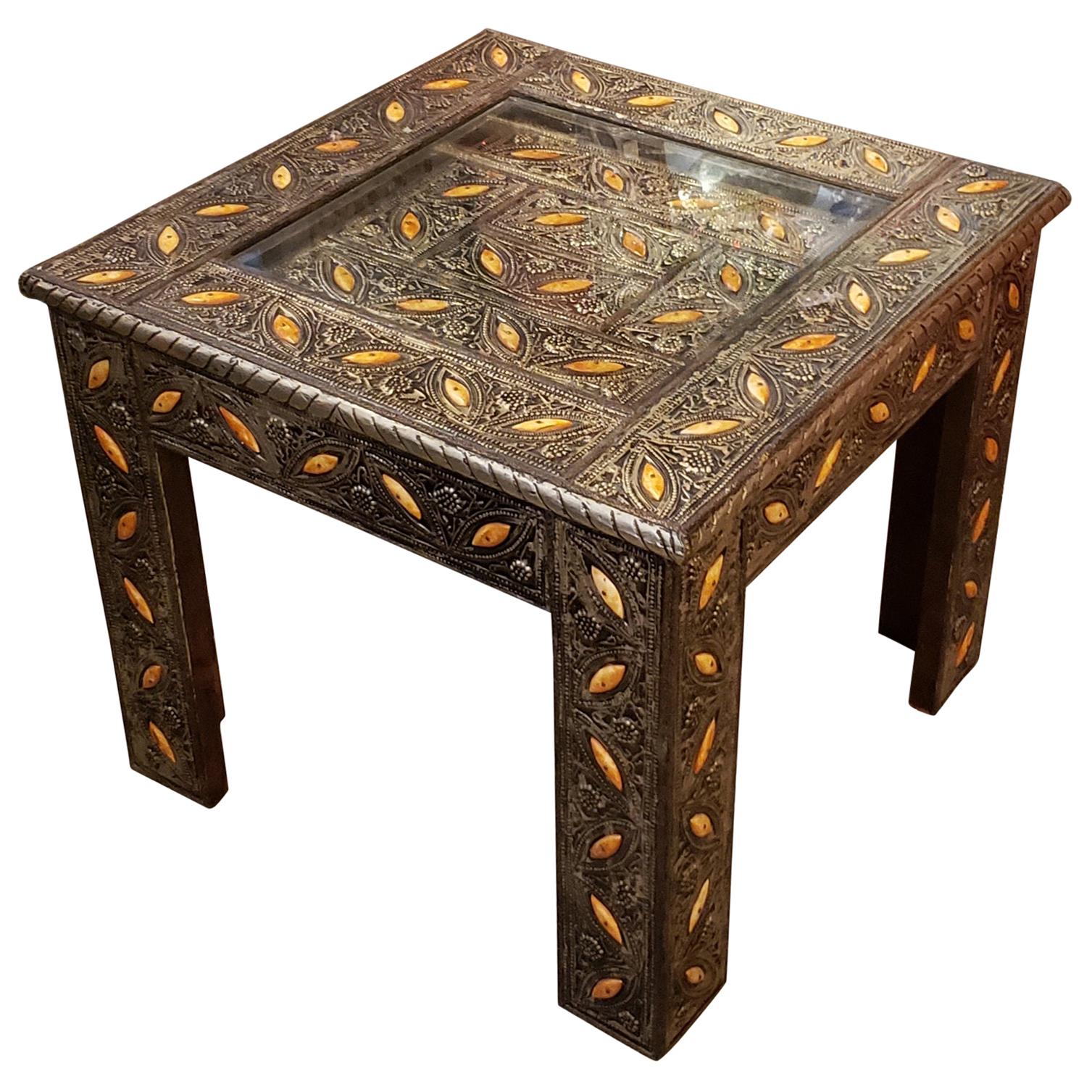 Metal Inlay and Camel Bone Moroccan Side Table, Square Top For Sale