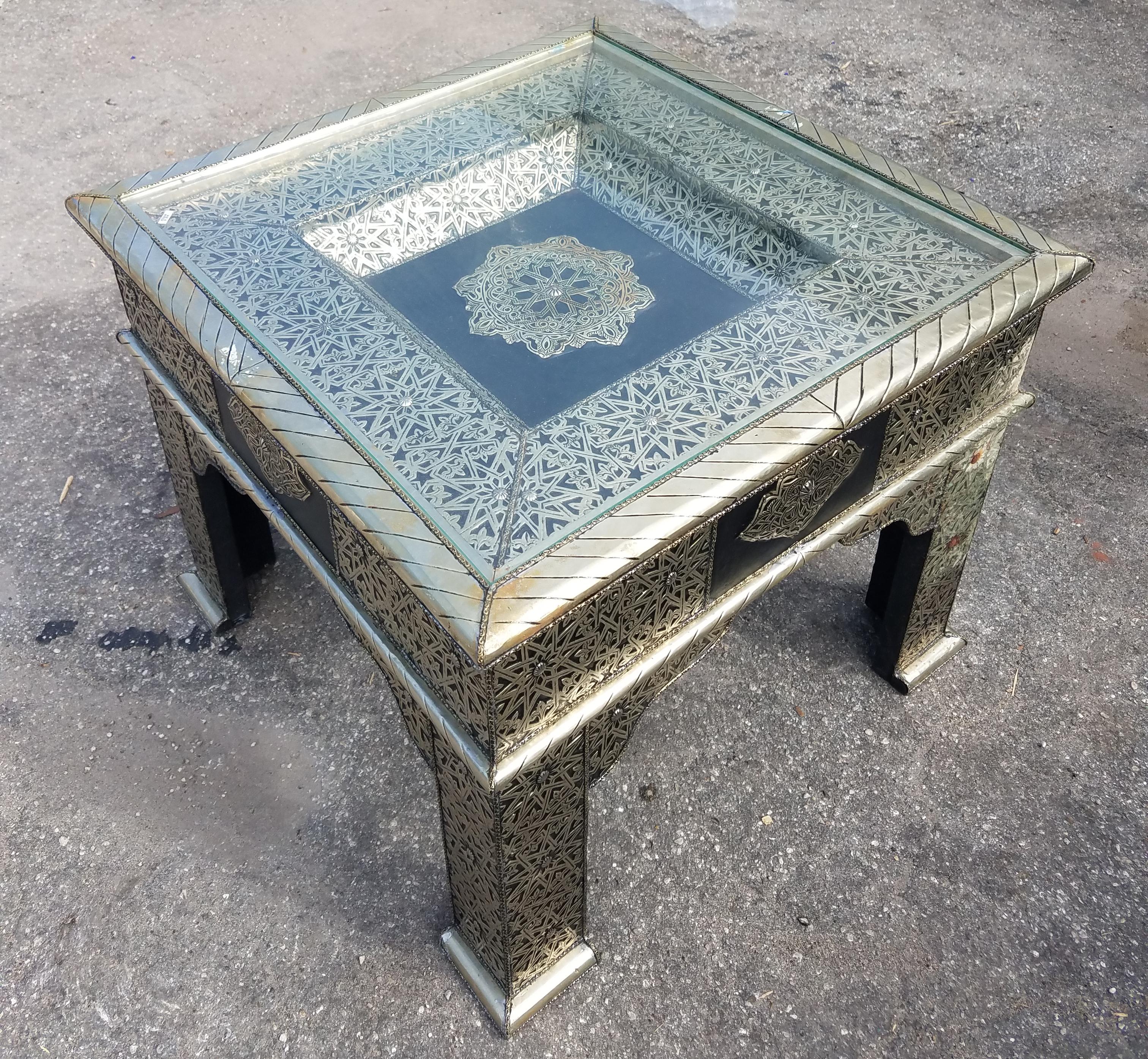 Metal Inlay and Leather Patches Moroccan Side Table, Square For Sale 1