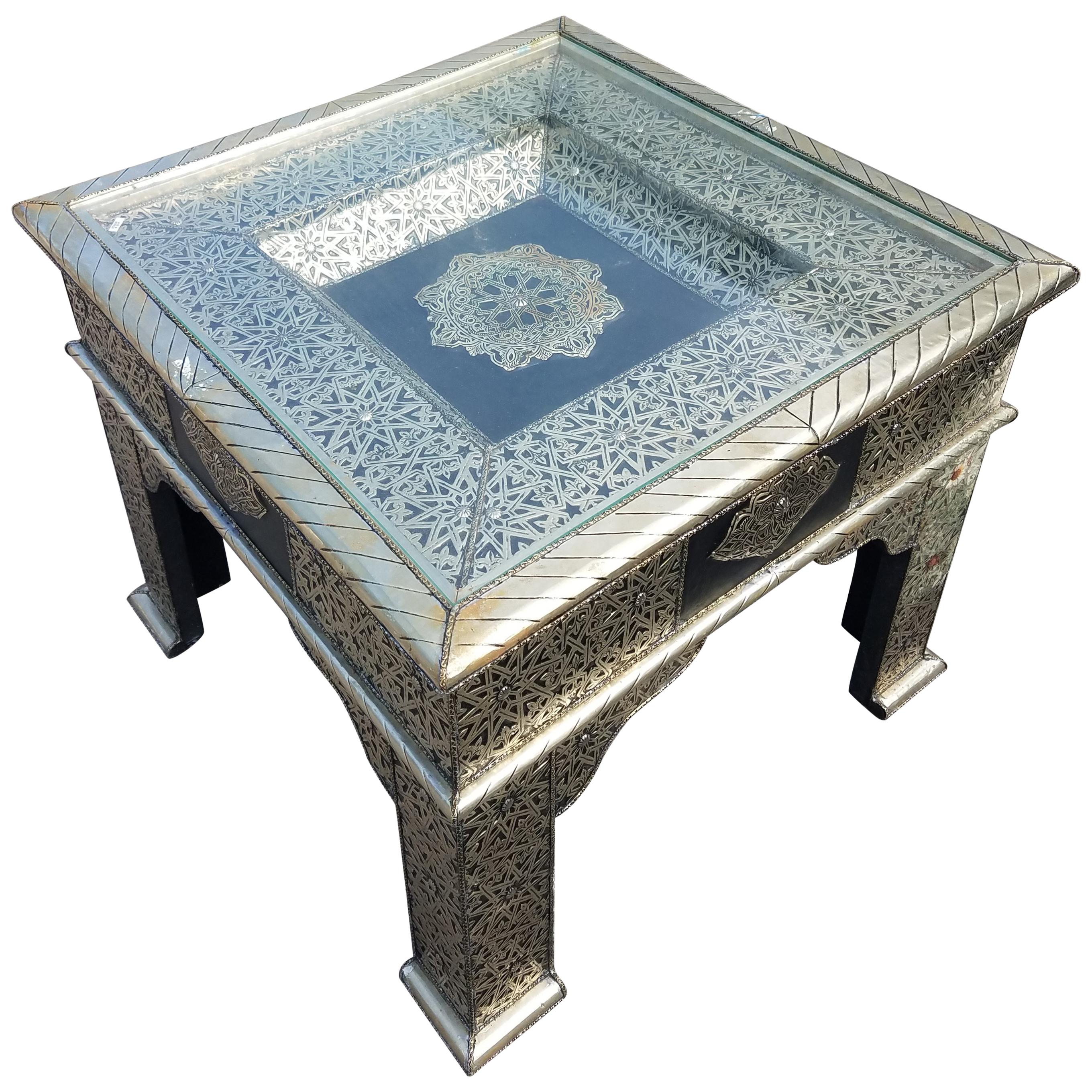 Metal Inlay and Leather Patches Moroccan Side Table, Square For Sale