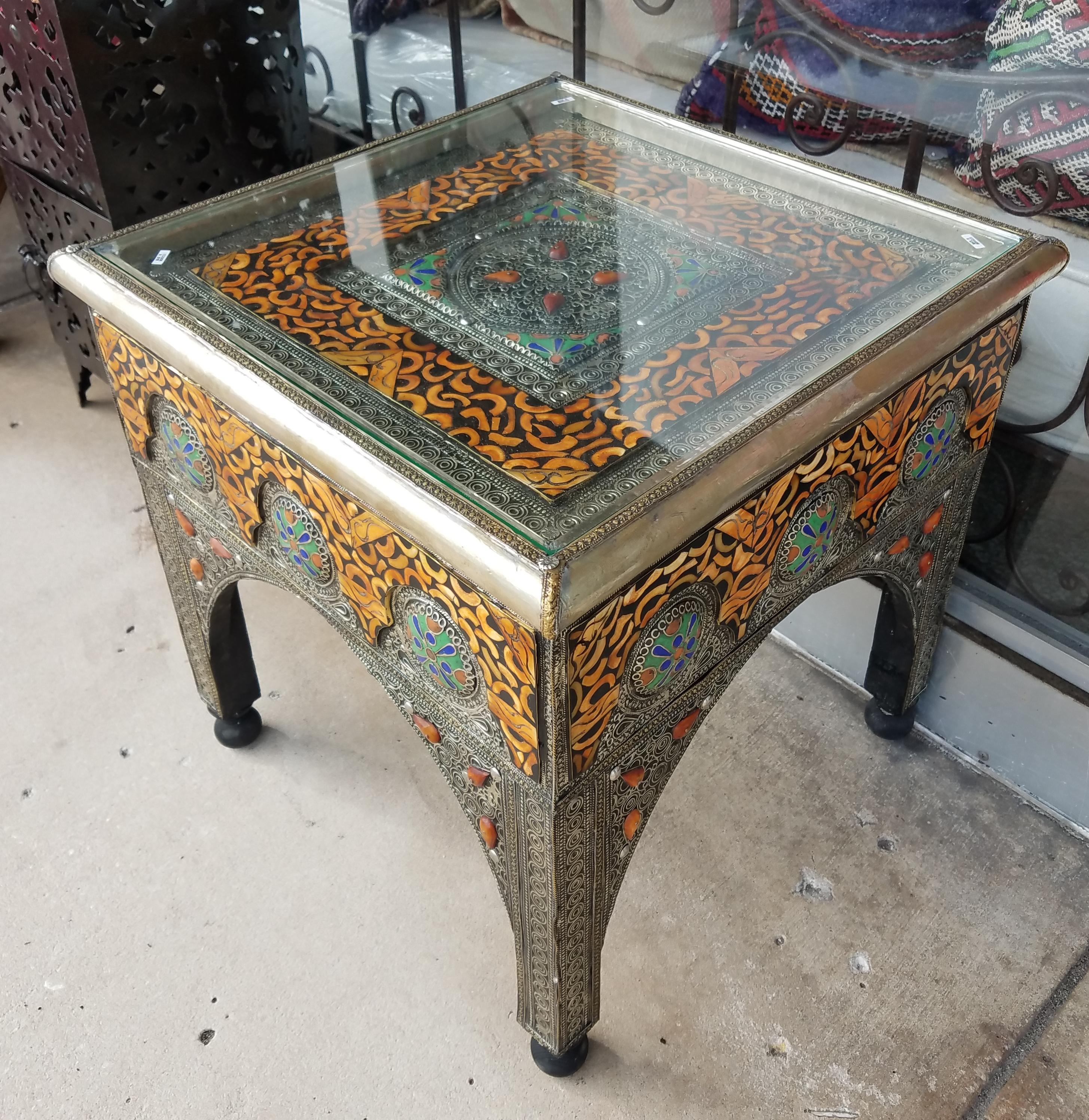 Metal Inlay, Resin, and Camel Bone Moroccan Side Table, Square 1