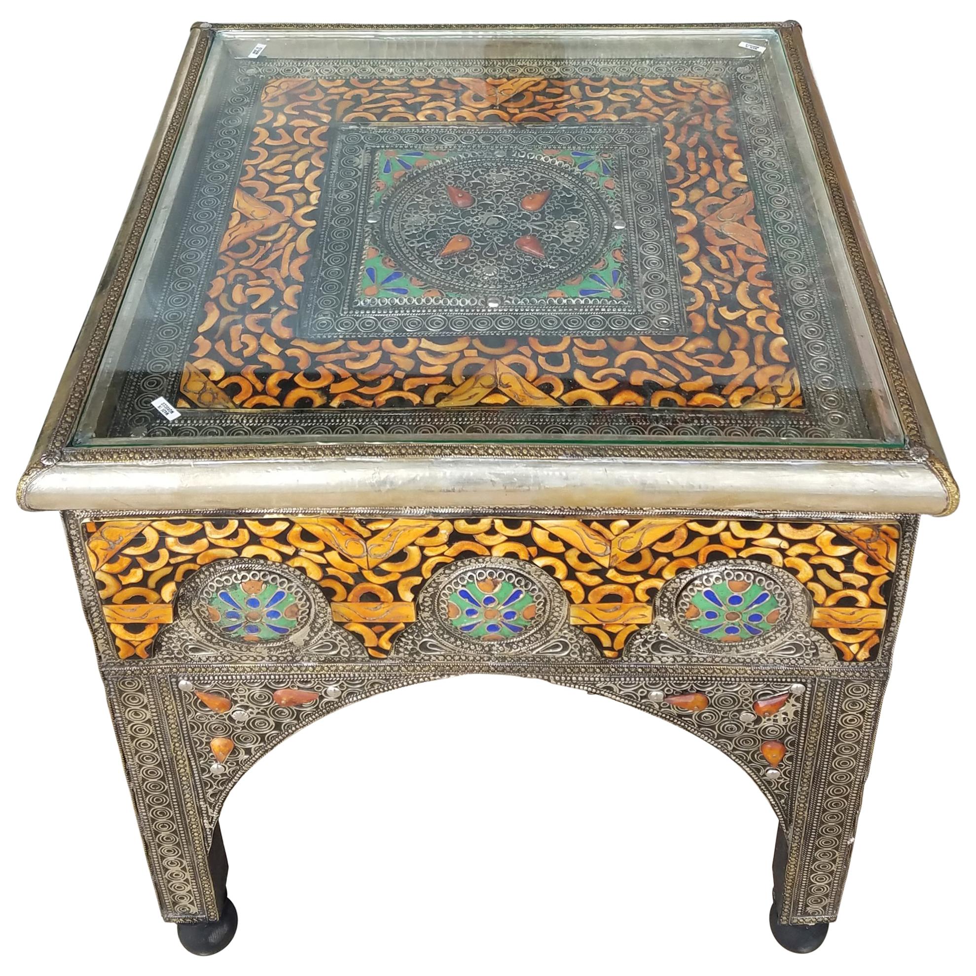 Metal Inlay, Resin, and Camel Bone Moroccan Side Table, Square