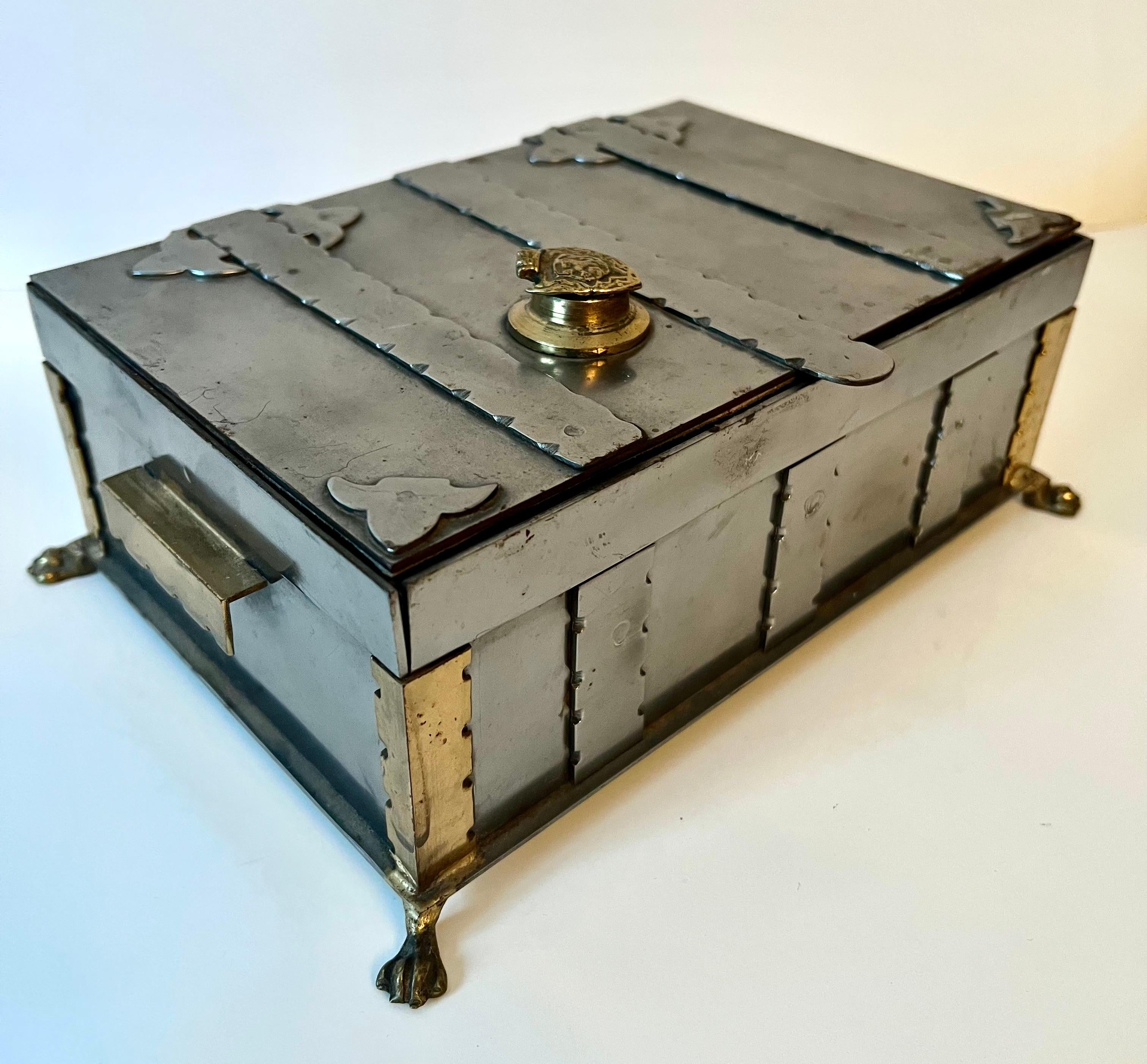 Metal Lidded Casket Box with Brass Closure and Details and Paw Feet 5