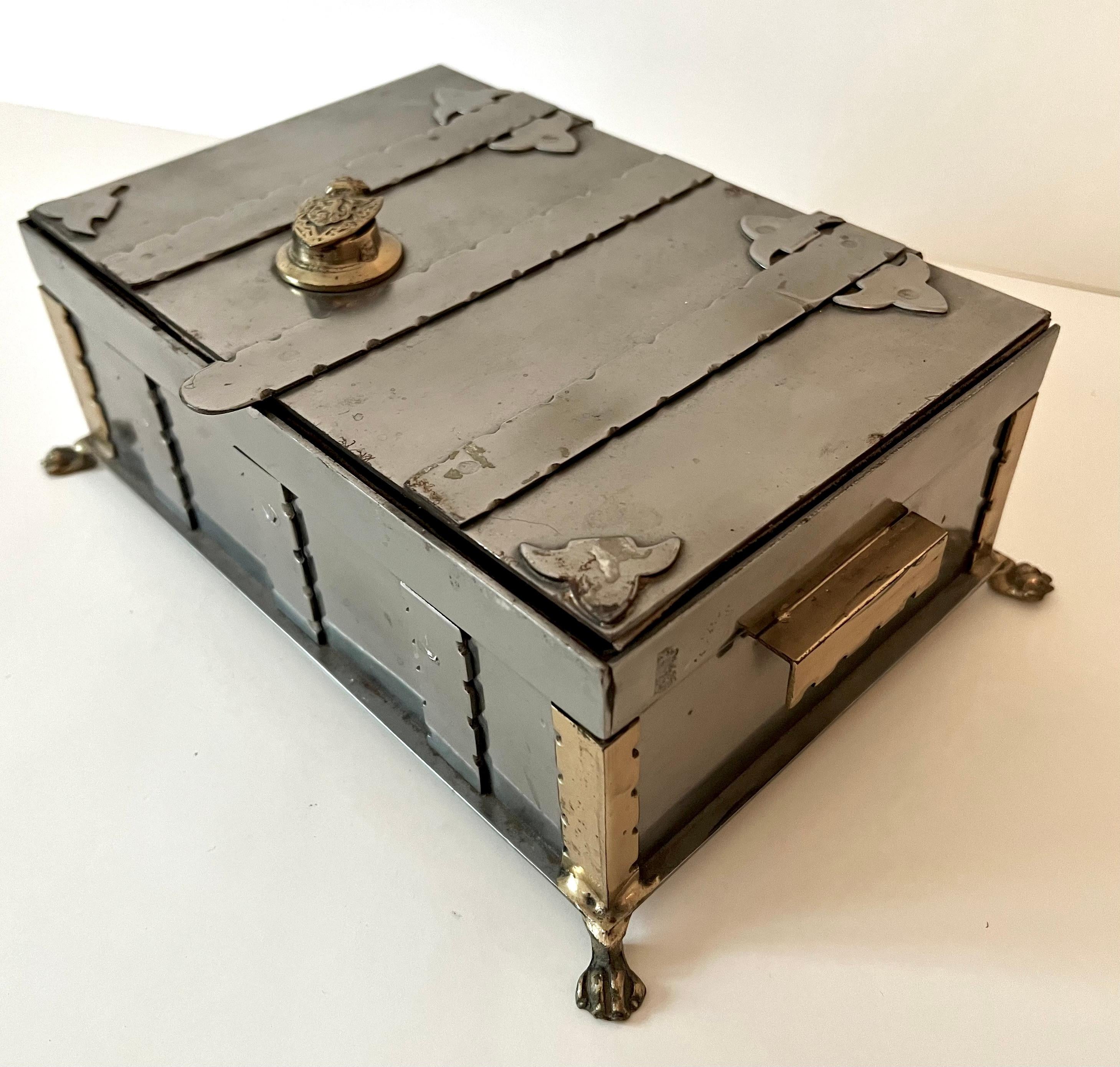 Hand-Crafted Metal Lidded Casket Box with Brass Closure and Details and Paw Feet