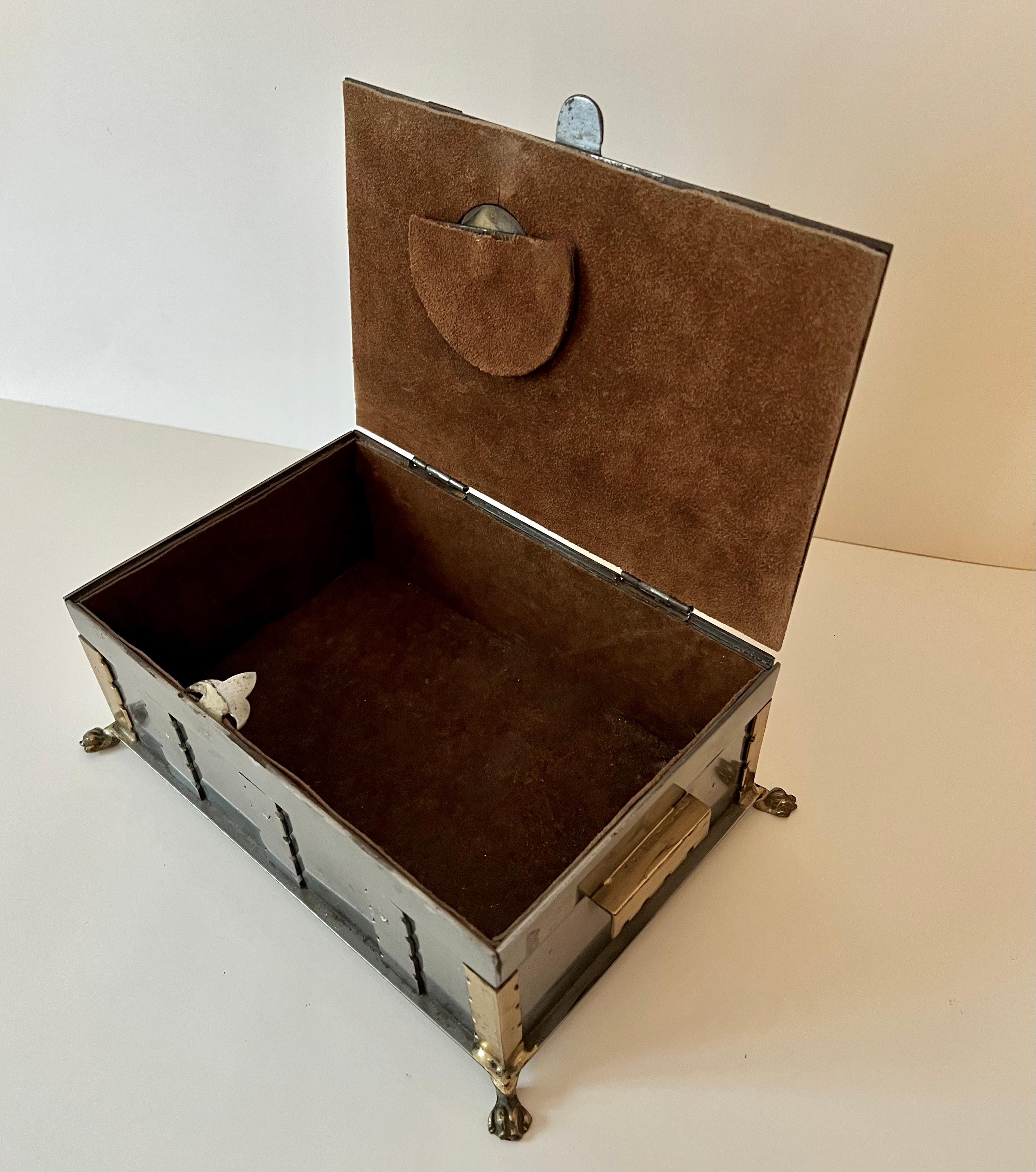 Metal Lidded Casket Box with Brass Closure and Details and Paw Feet In Good Condition In Los Angeles, CA