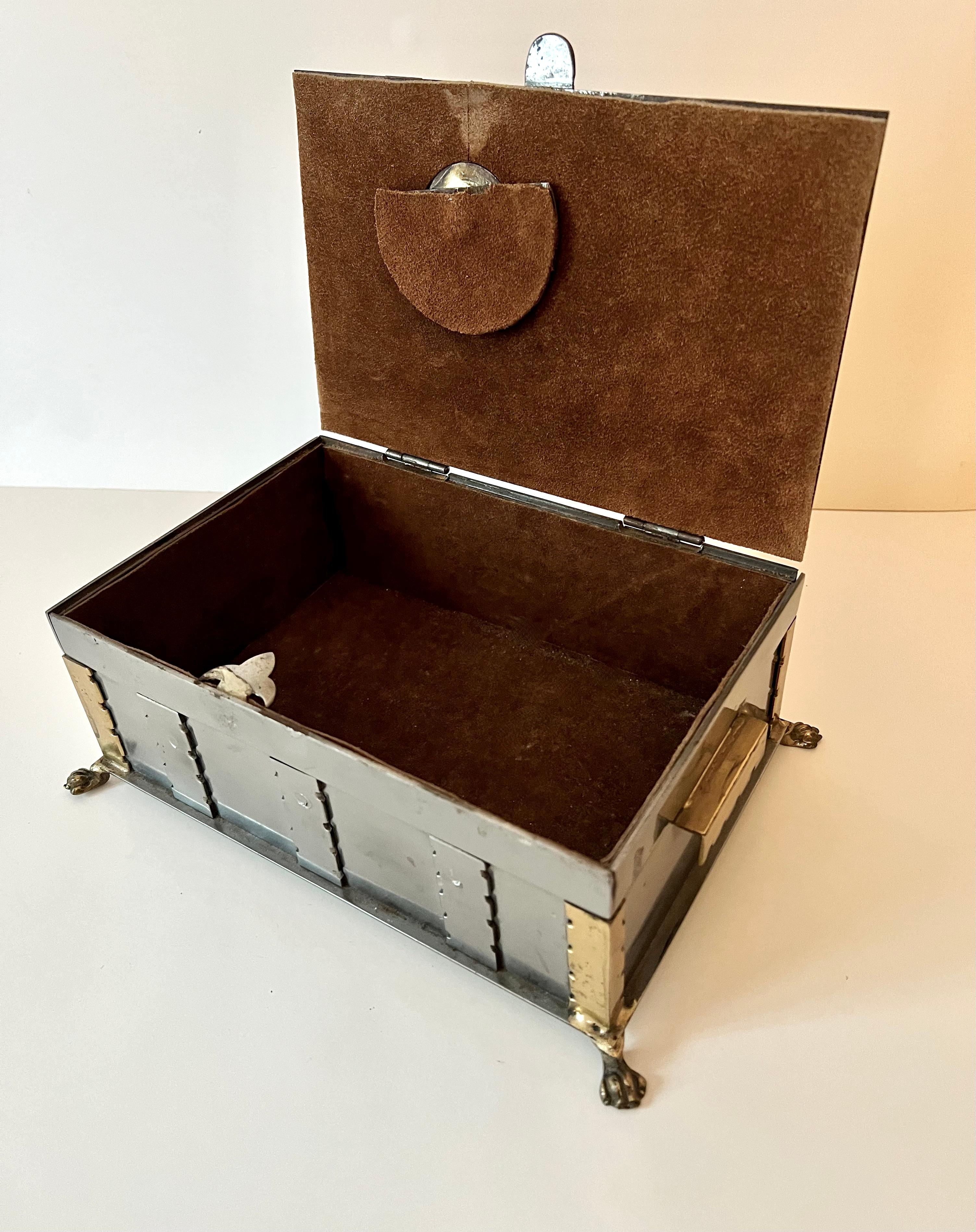 20th Century Metal Lidded Casket Box with Brass Closure and Details and Paw Feet