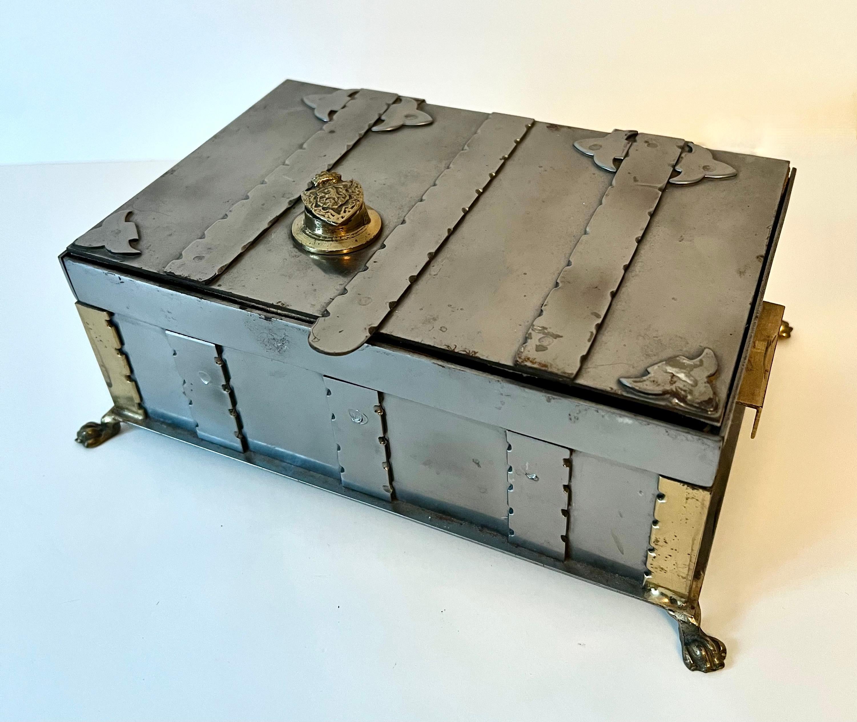 Metal Lidded Casket Box with Brass Closure and Details and Paw Feet 2