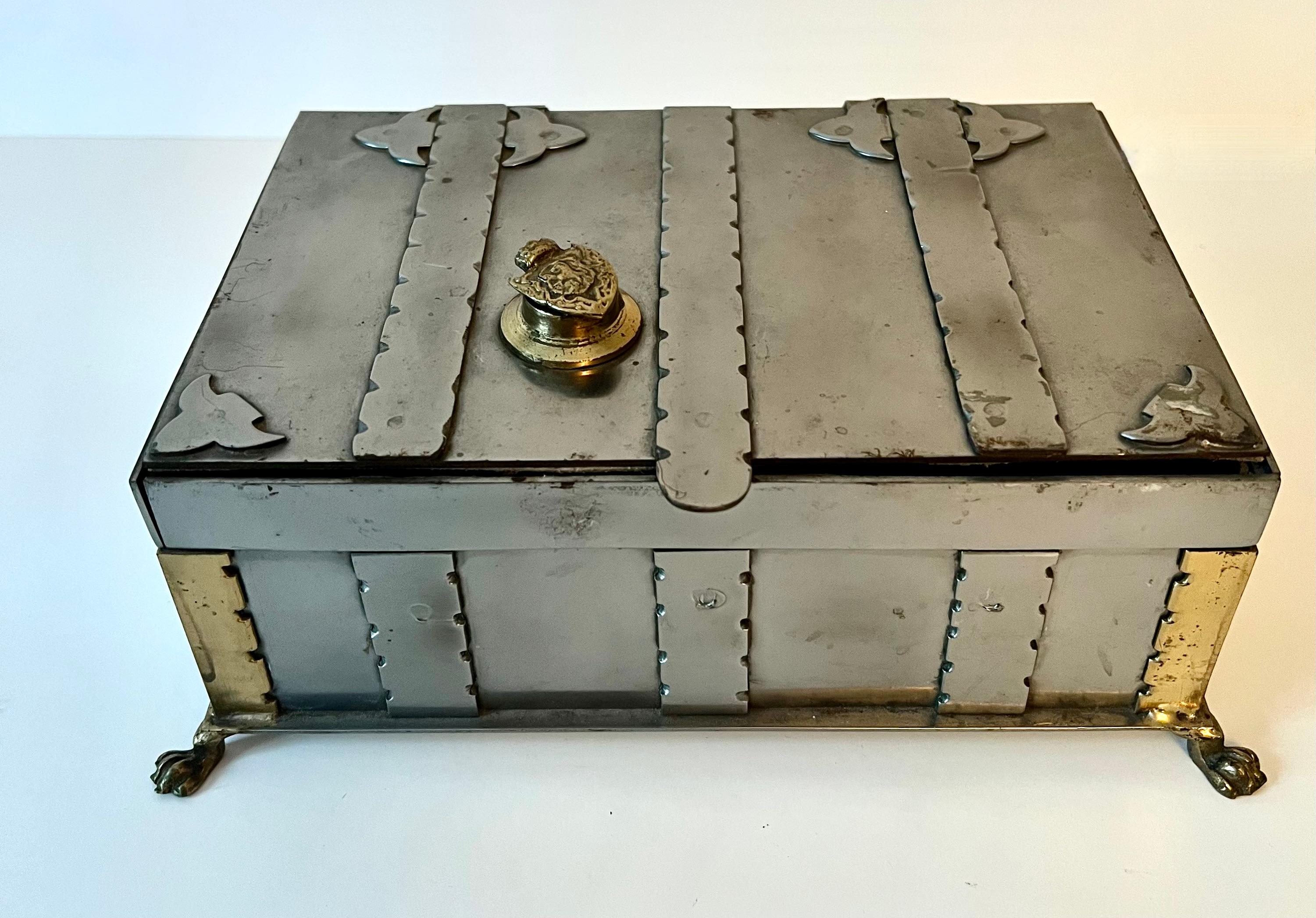 Metal Lidded Casket Box with Brass Closure and Details and Paw Feet 3