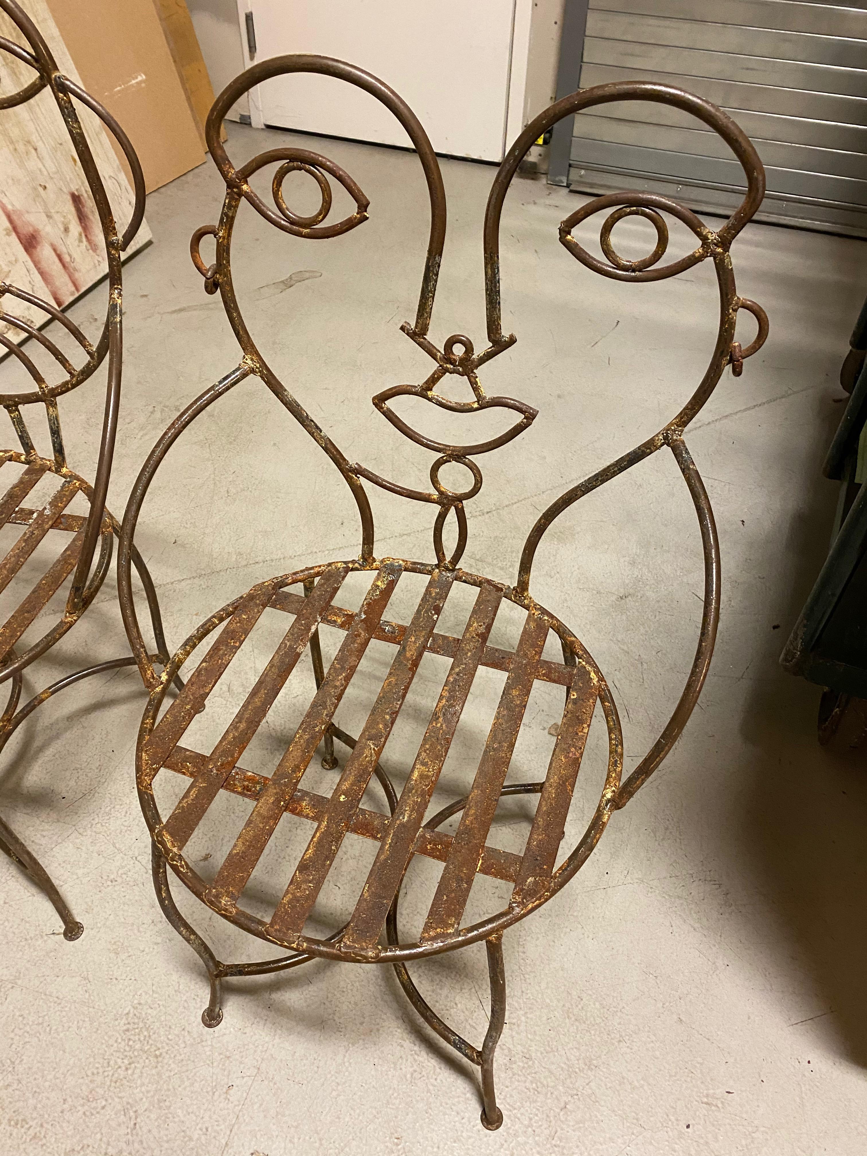 Metal Midcentury Cafe Chairs with Male and Female Faces In Good Condition In North Bergen, NJ