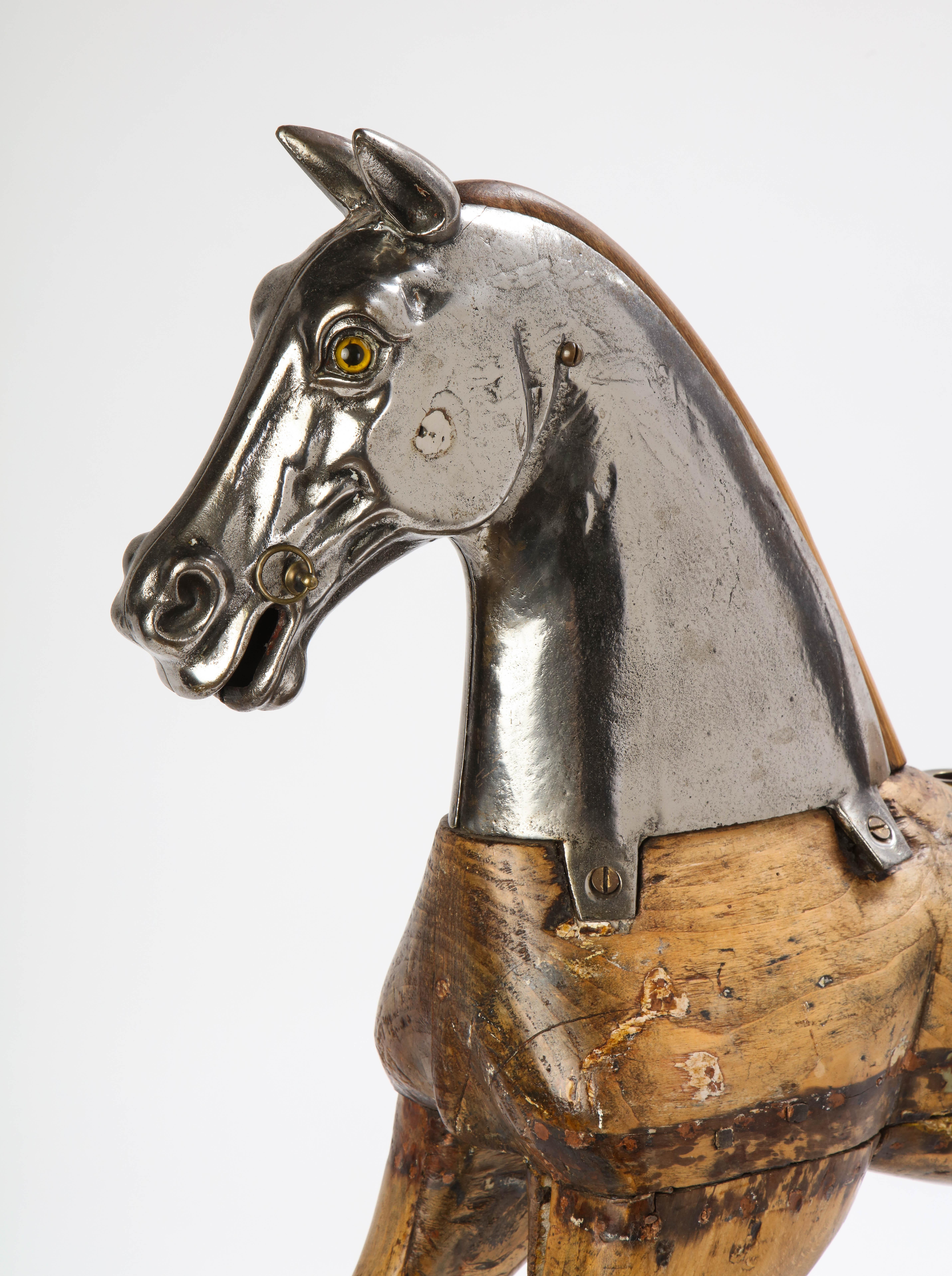 Metal-Mounted Pine Carousel Horse, Early 20th Century 1