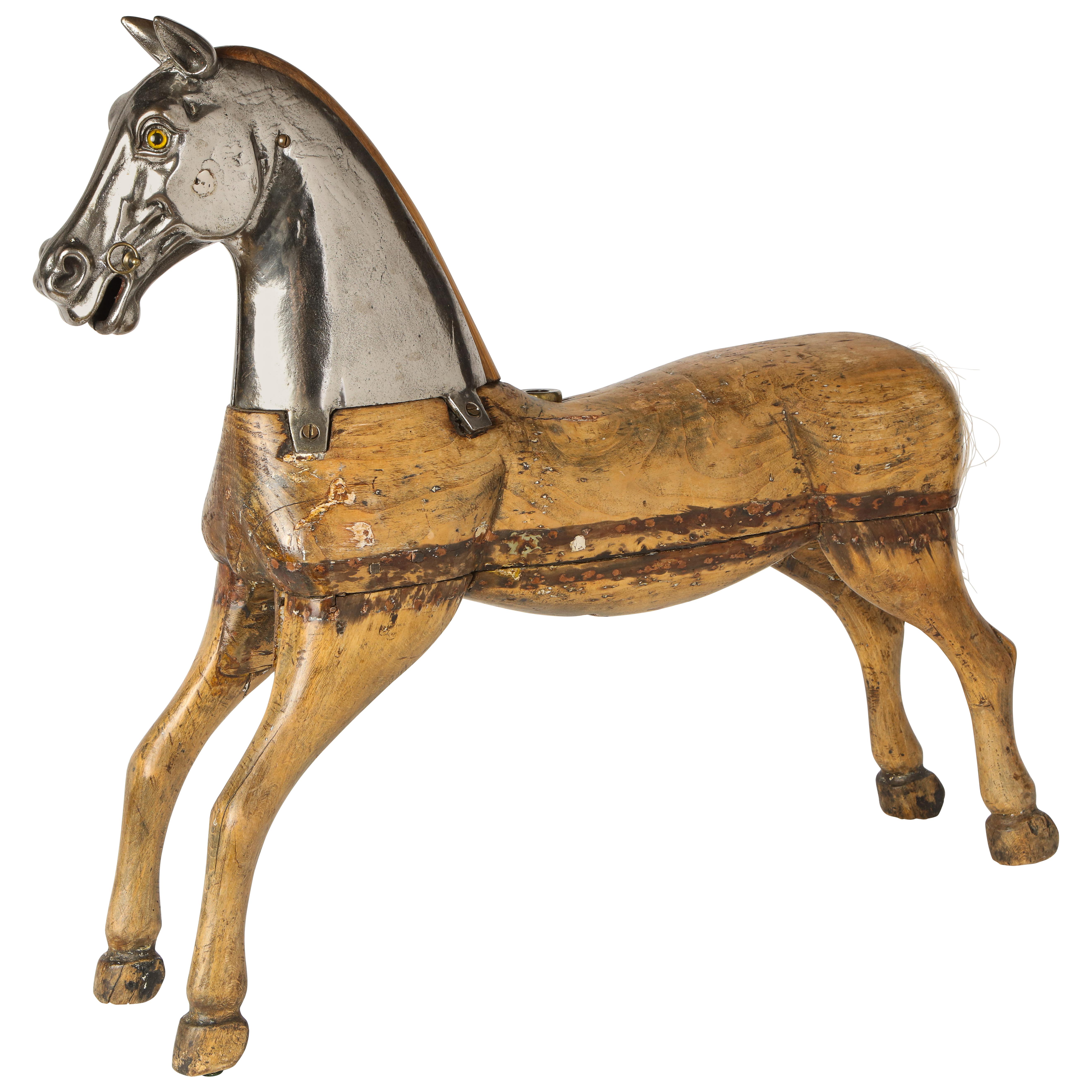Metal-Mounted Pine Carousel Horse, Early 20th Century