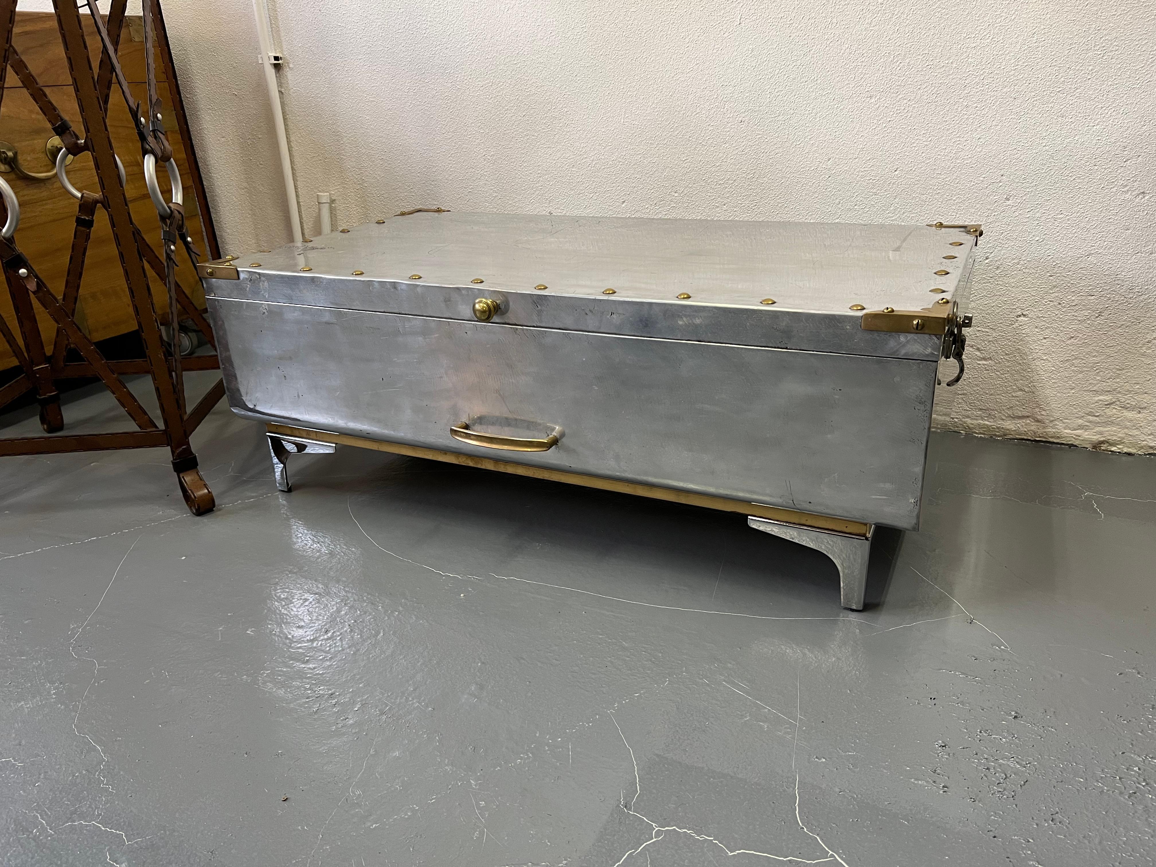 Mid-20th Century Metal Nautical Captains Trunk Aluminium & Brass Campaign Style For Sale
