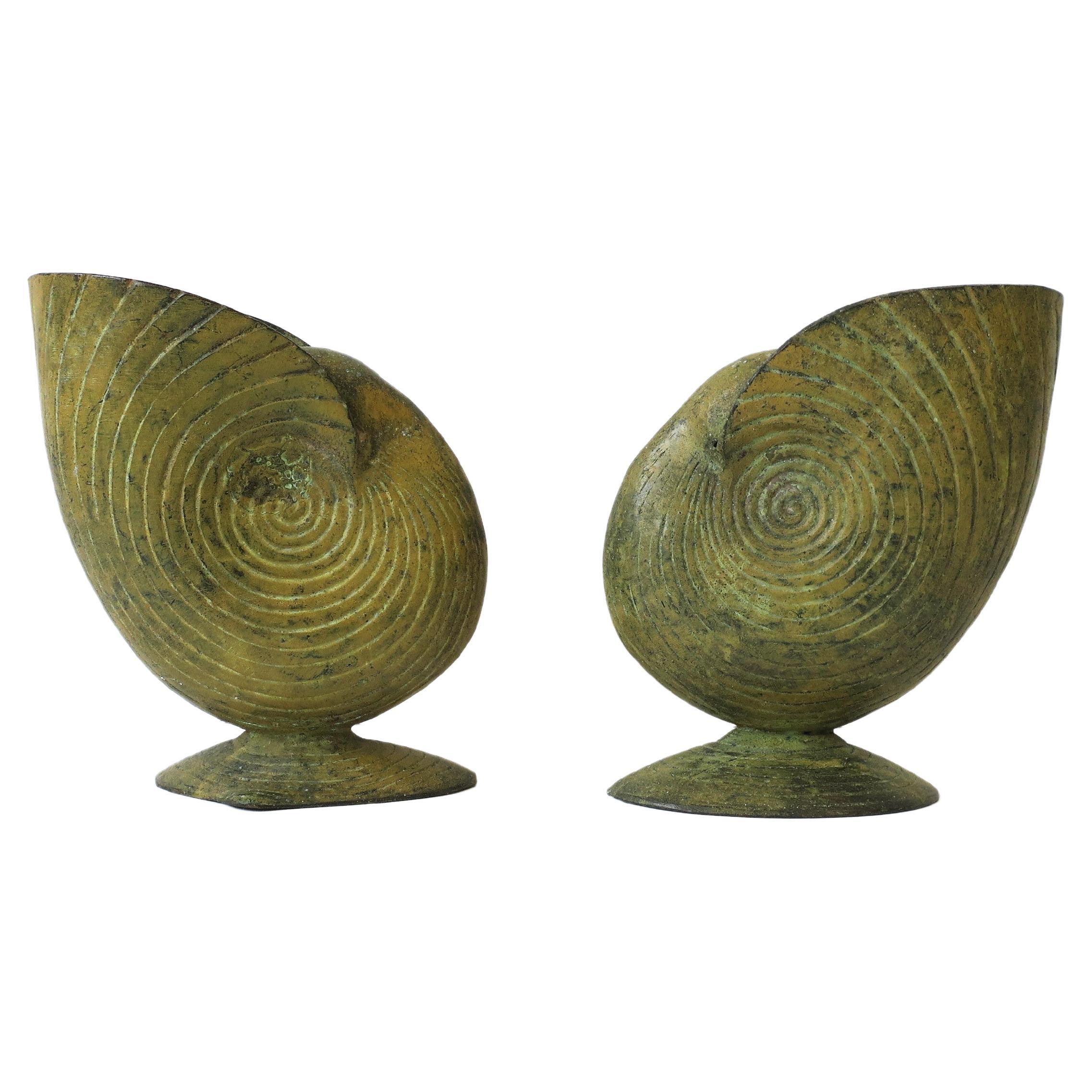 Metal Nautilus Seashell Vases with Yellow Hue, Pair