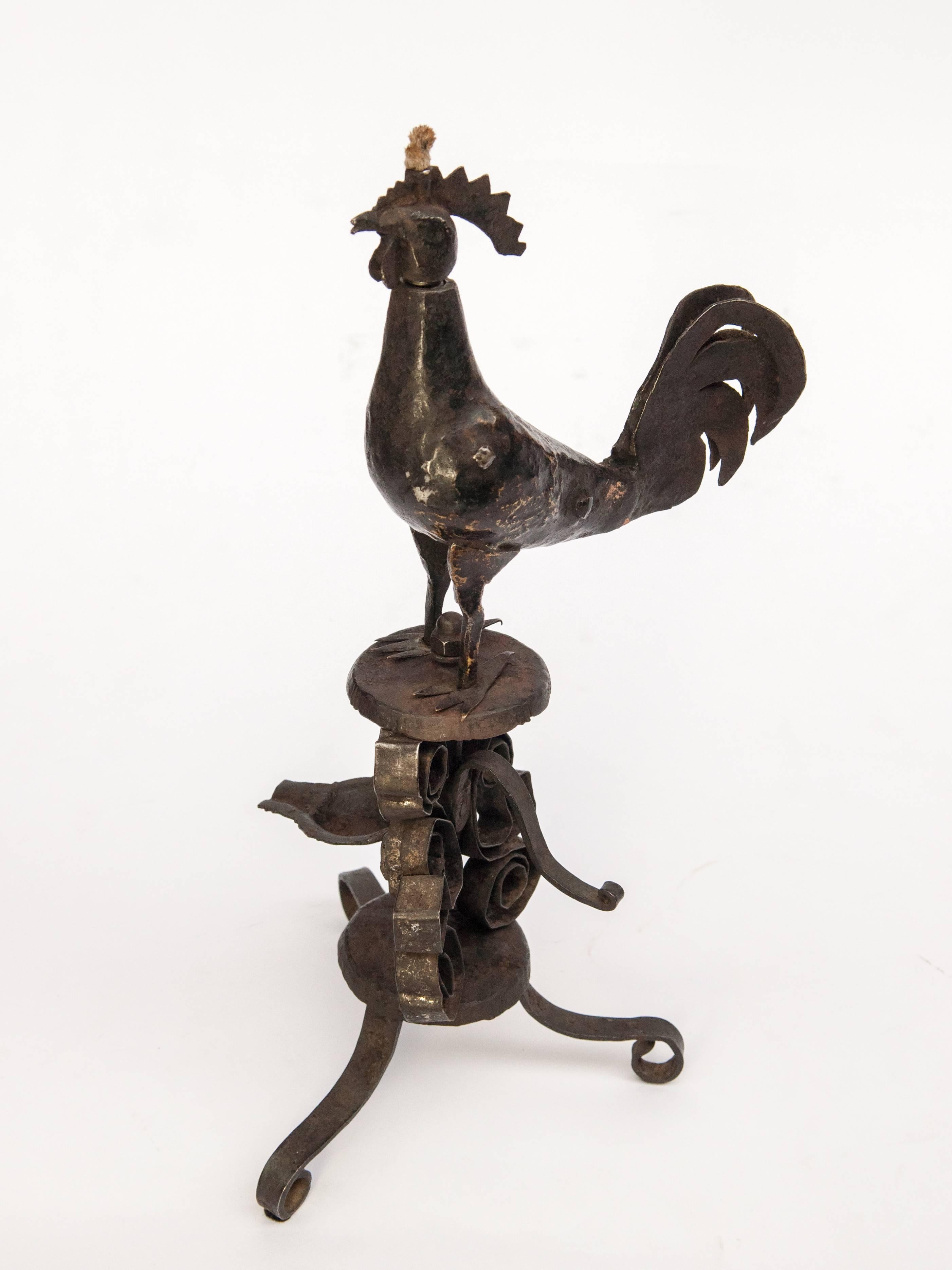 Folk Art Metal Oil Lamp from Nepal, Rooster Motif, Mid-Late 20th Century