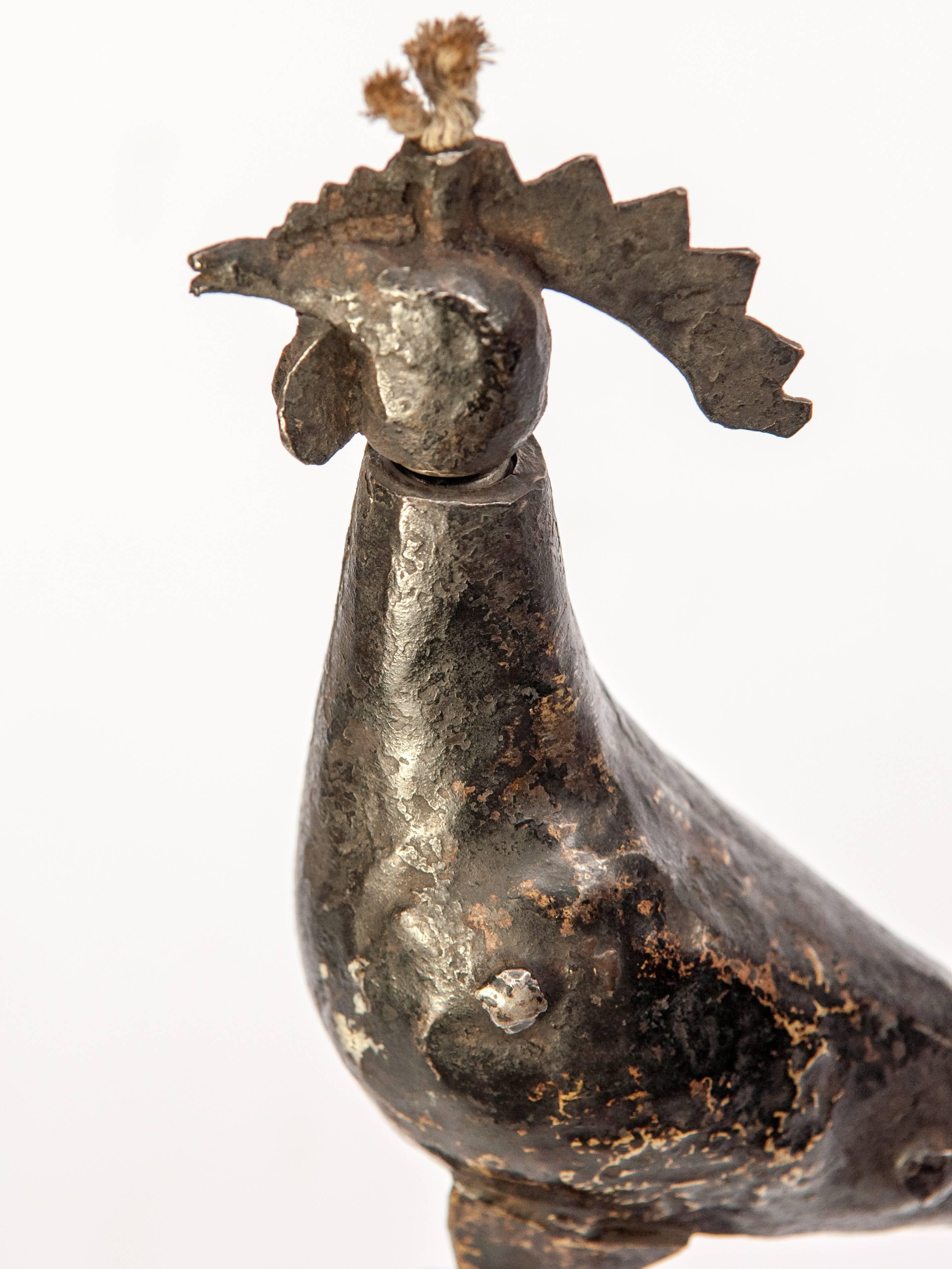 Hand-Crafted Metal Oil Lamp from Nepal, Rooster Motif, Mid-Late 20th Century