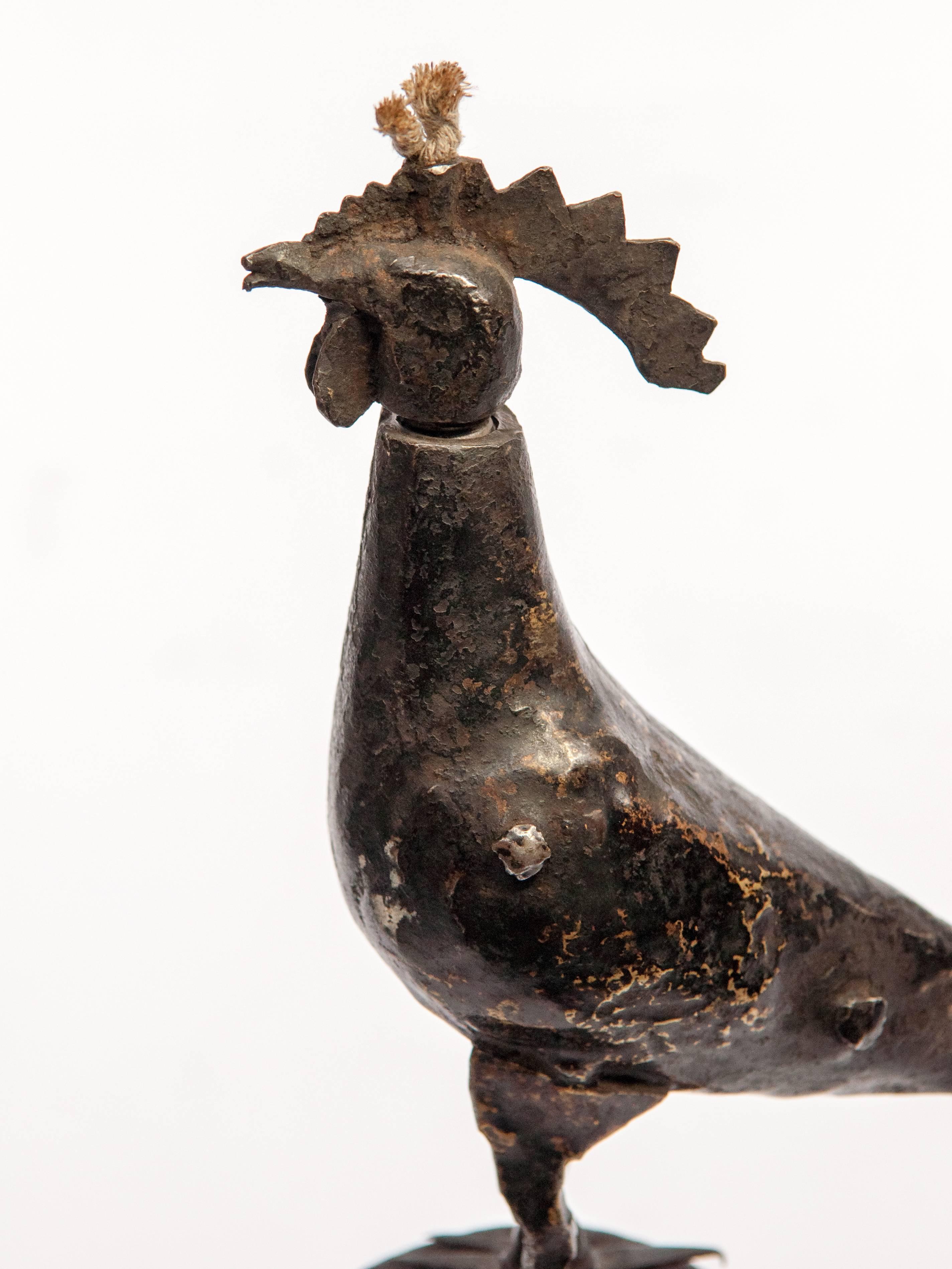 Metal Oil Lamp from Nepal, Rooster Motif, Mid-Late 20th Century In Good Condition In Point Richmond, CA