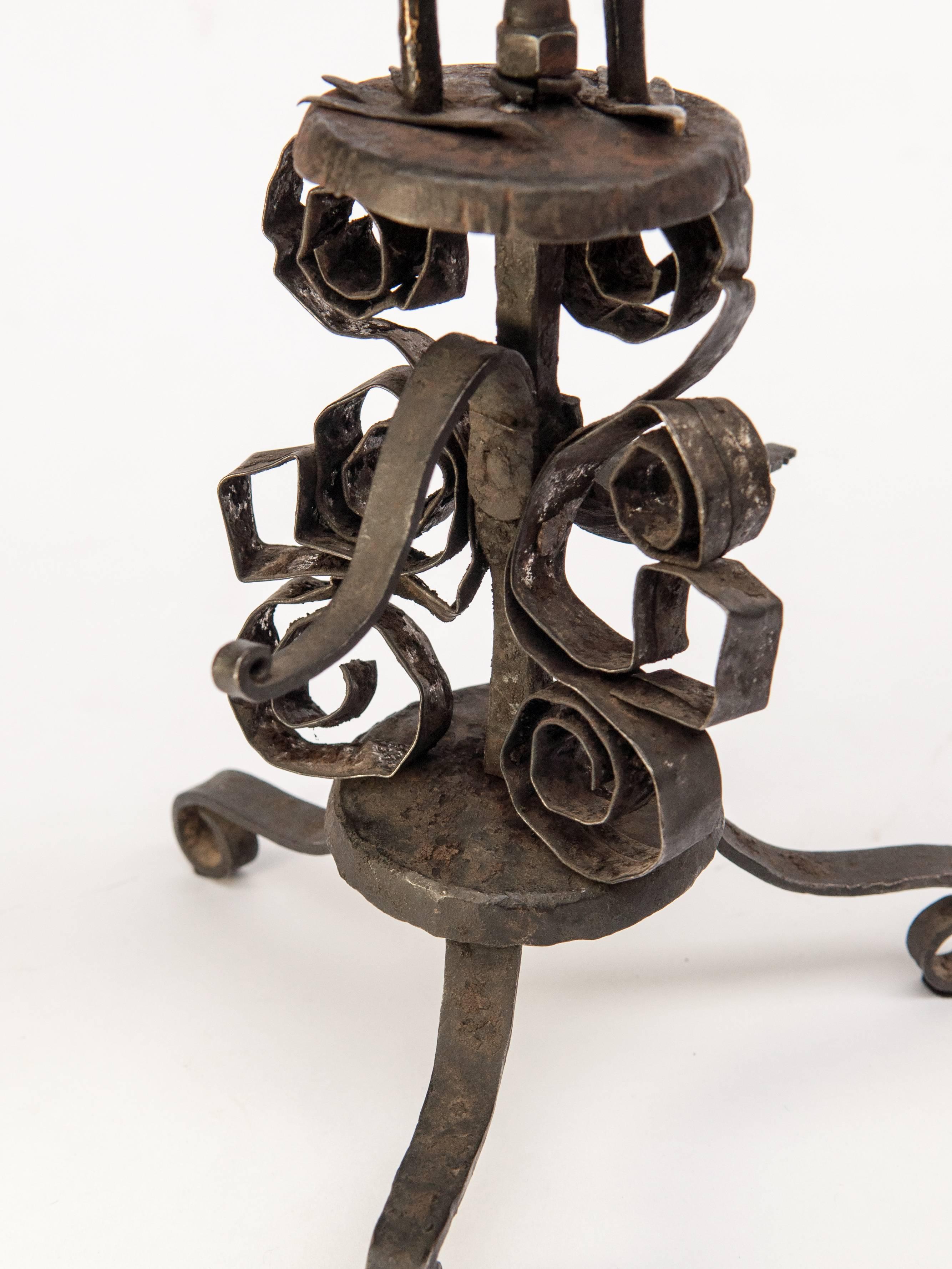 Wrought Iron Metal Oil Lamp from Nepal, Rooster Motif, Mid-Late 20th Century