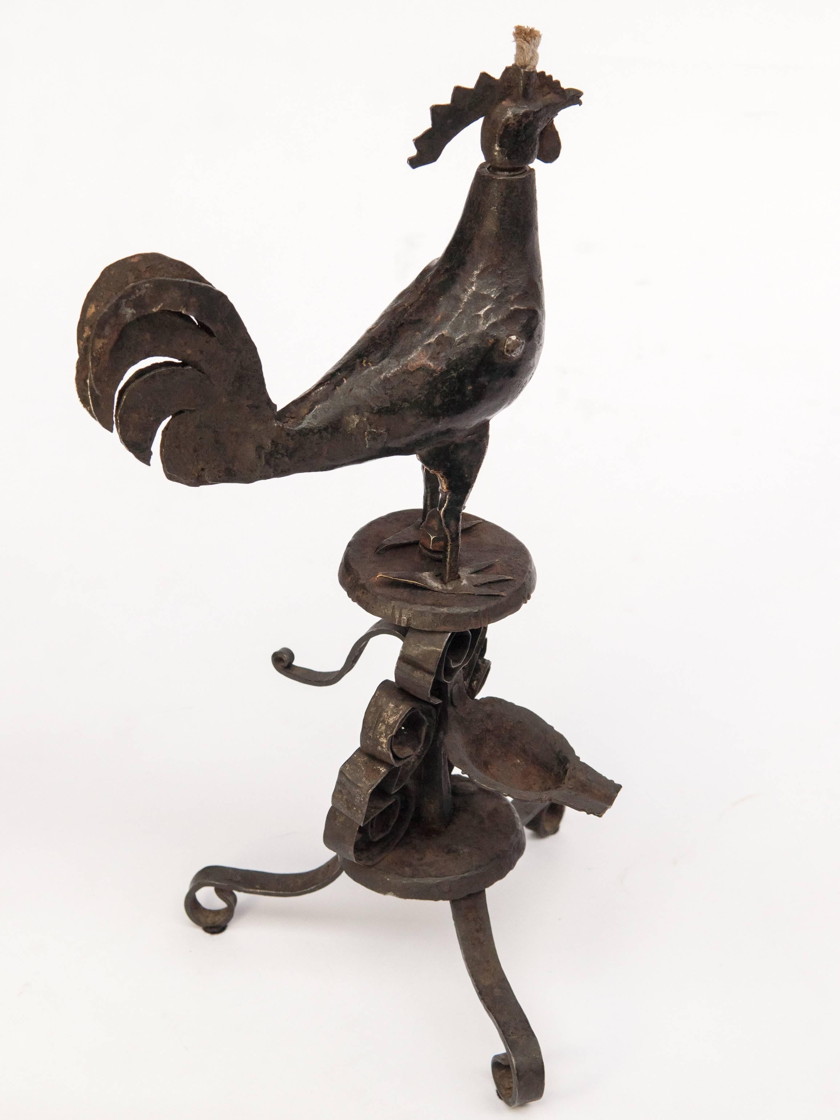 Metal Oil Lamp from Nepal, Rooster Motif, Mid-Late 20th Century 1