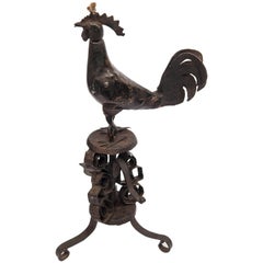 Metal Oil Lamp from Nepal, Rooster Motif, Mid-Late 20th Century