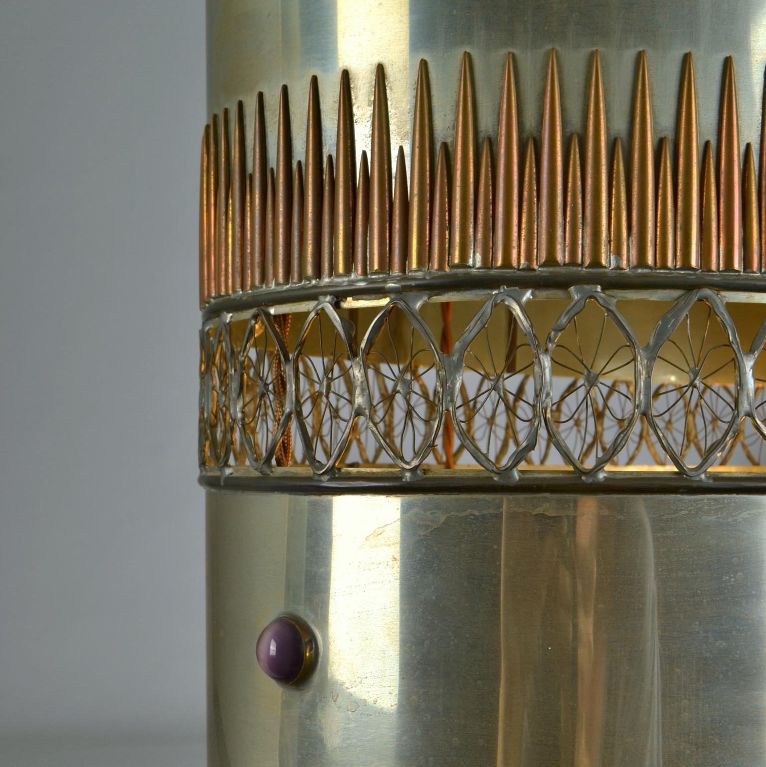 Late 20th Century Metal Oval Pendant Decorated with  Brass Copper and Purple Stones For Sale