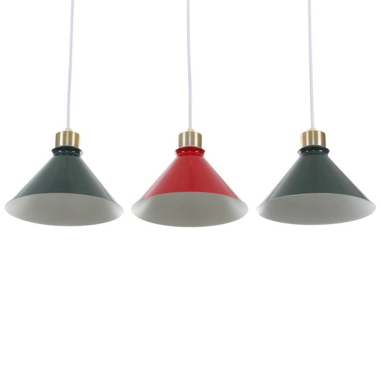 Scandinavian Modern Metal Pendant Lights, 1960s Stylish Set of Three Enameled Ceiling Lights For Sale