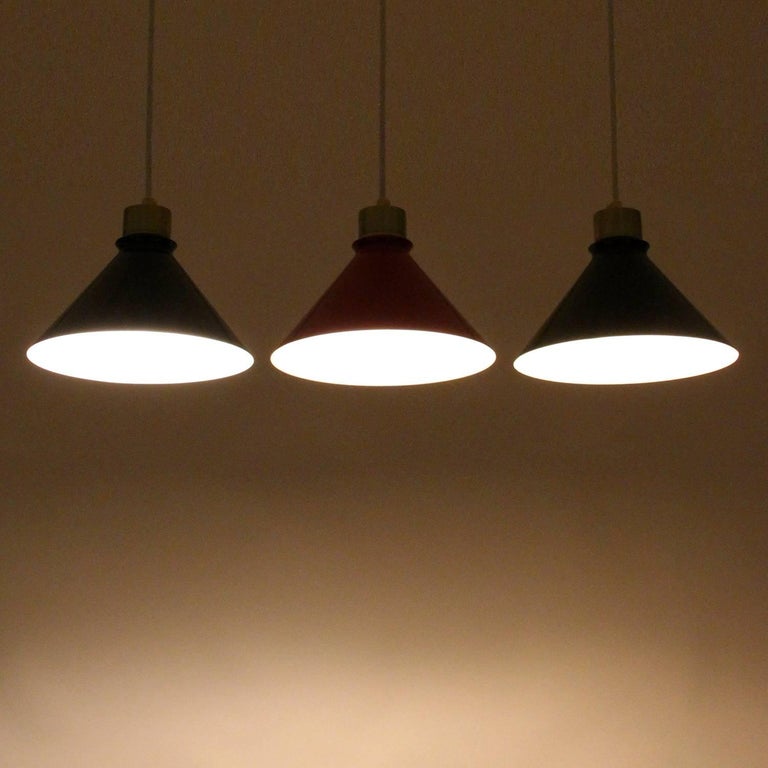 Danish Metal Pendant Lights, 1960s Stylish Set of Three Enameled Ceiling Lights For Sale