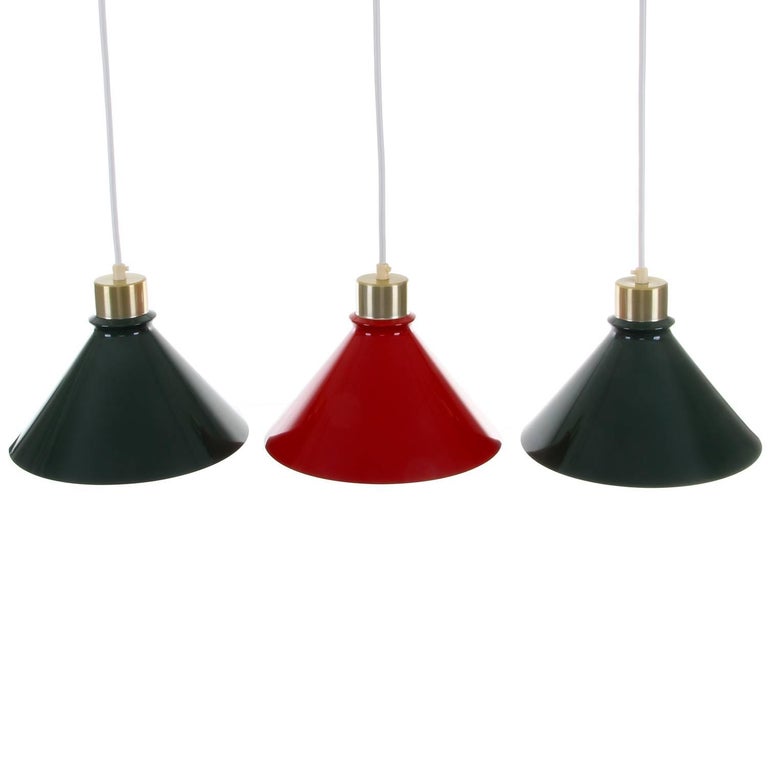 Metal Pendant Lights, 1960s Stylish Set of Three Enameled Ceiling Lights In Excellent Condition For Sale In Frederiksberg, DK