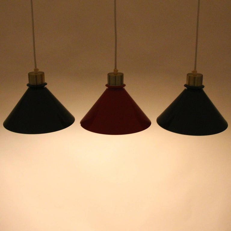 20th Century Metal Pendant Lights, 1960s Stylish Set of Three Enameled Ceiling Lights For Sale