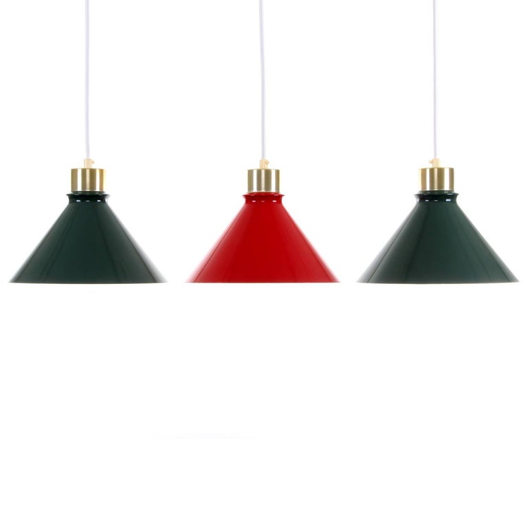 Metal Pendant Lights, 1960s Stylish Set of Three Enameled Ceiling Lights For Sale