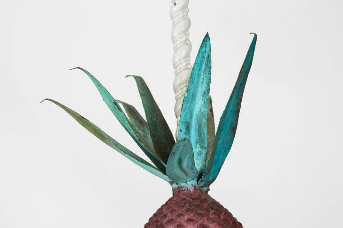 Playful antique French Country style toleware pineapple chandelier, made in the early 20th century. Vibrant polychrome metal body in the shape of a tropical fruit, with a crystal pendant accent. Nice patina throughout, with a subtle repair that does