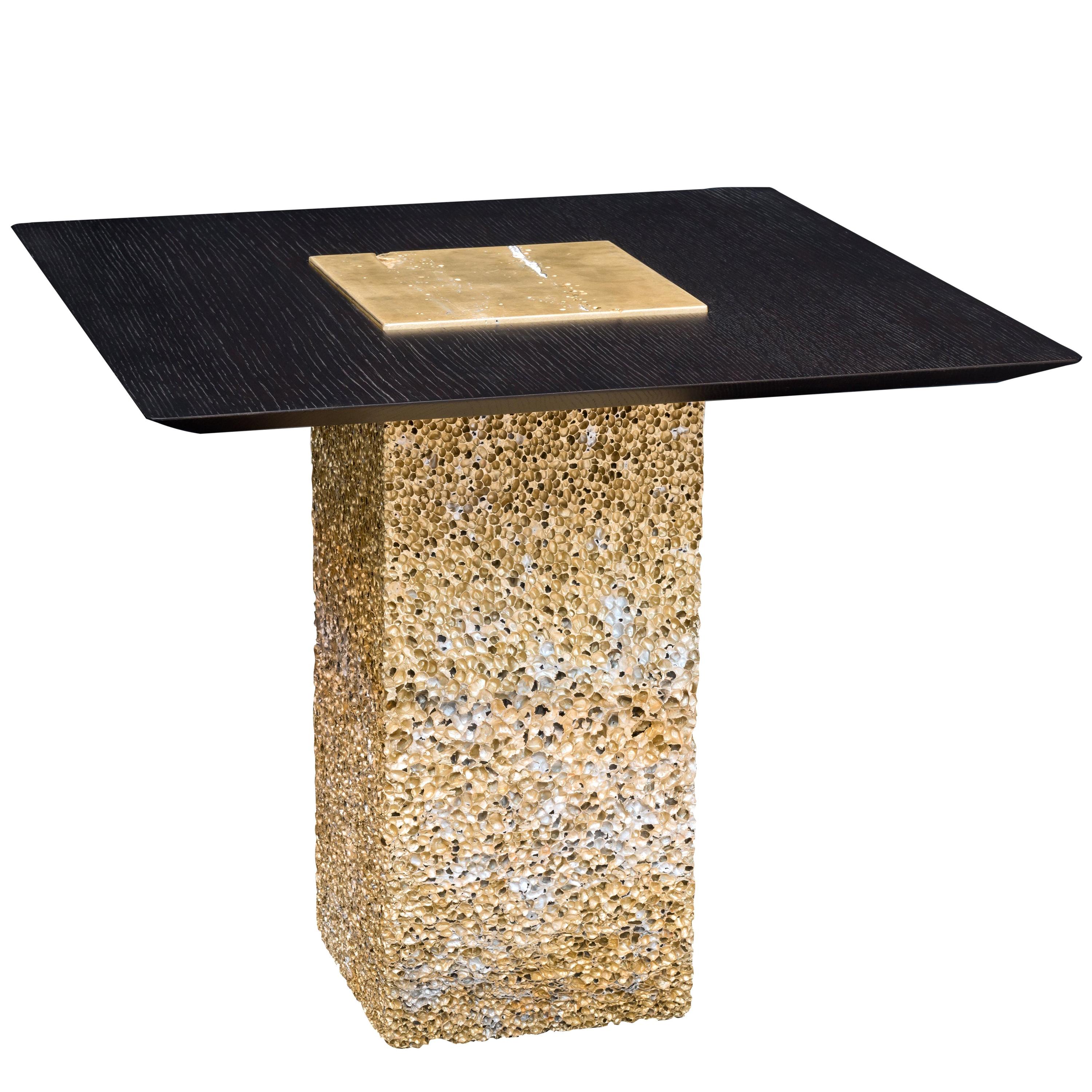 Metal Rock Gold Side Table with Black Wood Extension by Michael Young For Sale