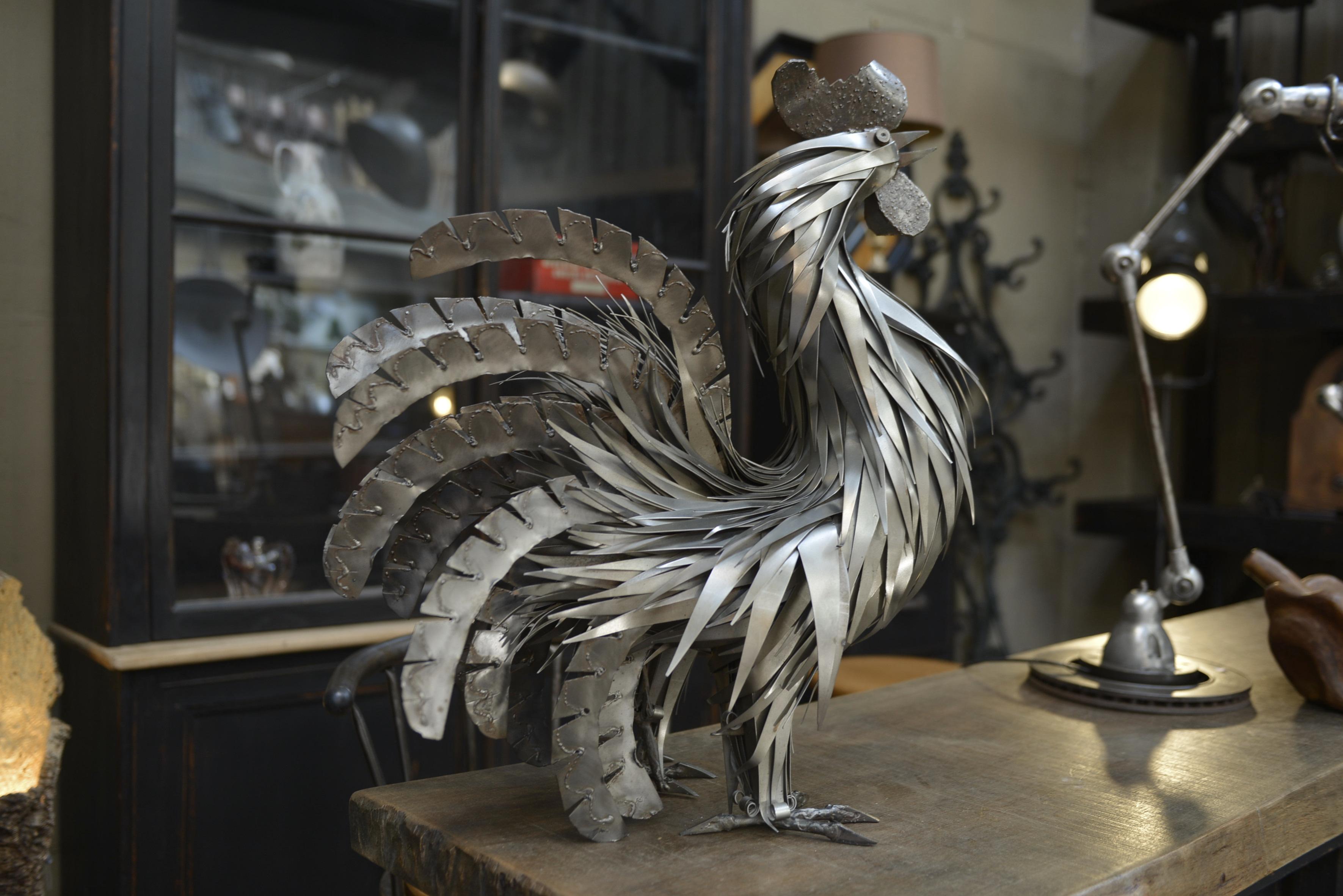 Wrought iron and steel Rooster Signed by French Sculptor Michel Jarry France (1918-1996) Excellent condition.