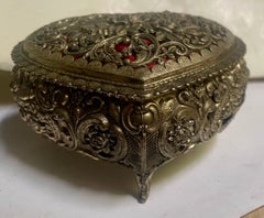 Metal Rose Flower Vine Filigree Heart Shaped Small Jewelry Box Red Velvet Lining