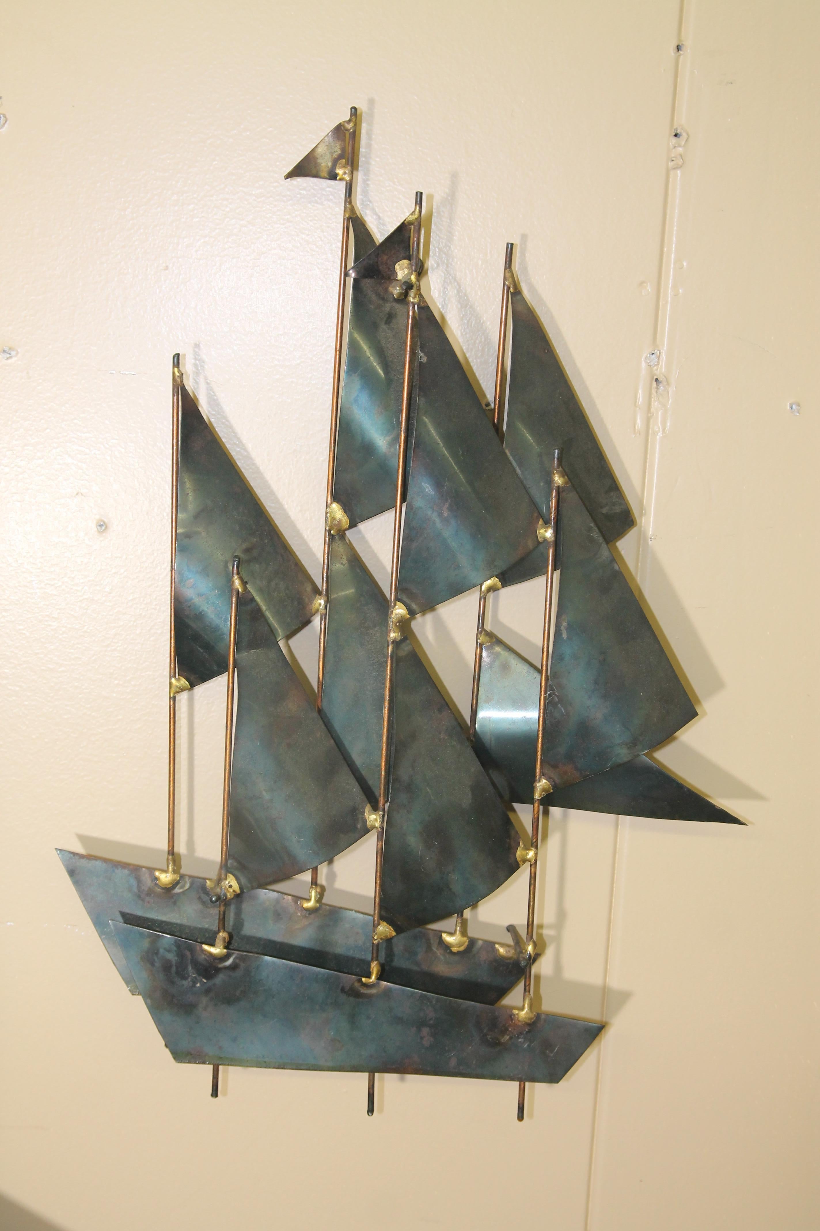 Mid-Century Modern Metal Sailboats Wall Sculpture in the Manner of Curtis Jere For Sale