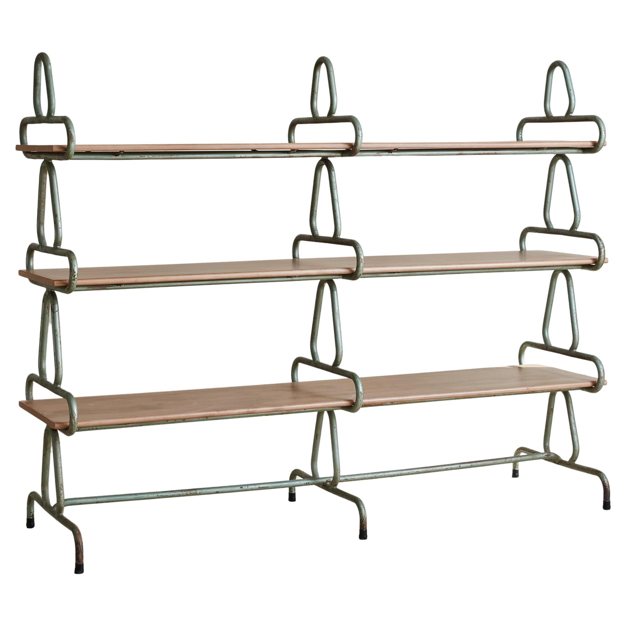Metal Sculptural Shelving Unit with Custom Maple Shelves, France 1950s