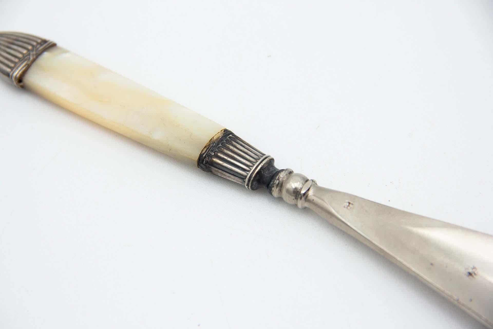 Descripción: Calzador de metal con aplicaciones de plata y mango de nácar. Metal: Silver. Origen: Europeo. Marca: Ausente. Peso: 80,36 gramos. Dimensiones: 23,5 cm x 0,8 cm. Contenido: 835/1000. Marca de ensayo: Sí. Información adicional: Buen