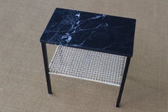 Metal Side Table with a Caned Shelf and Marble Top, 1950s, France