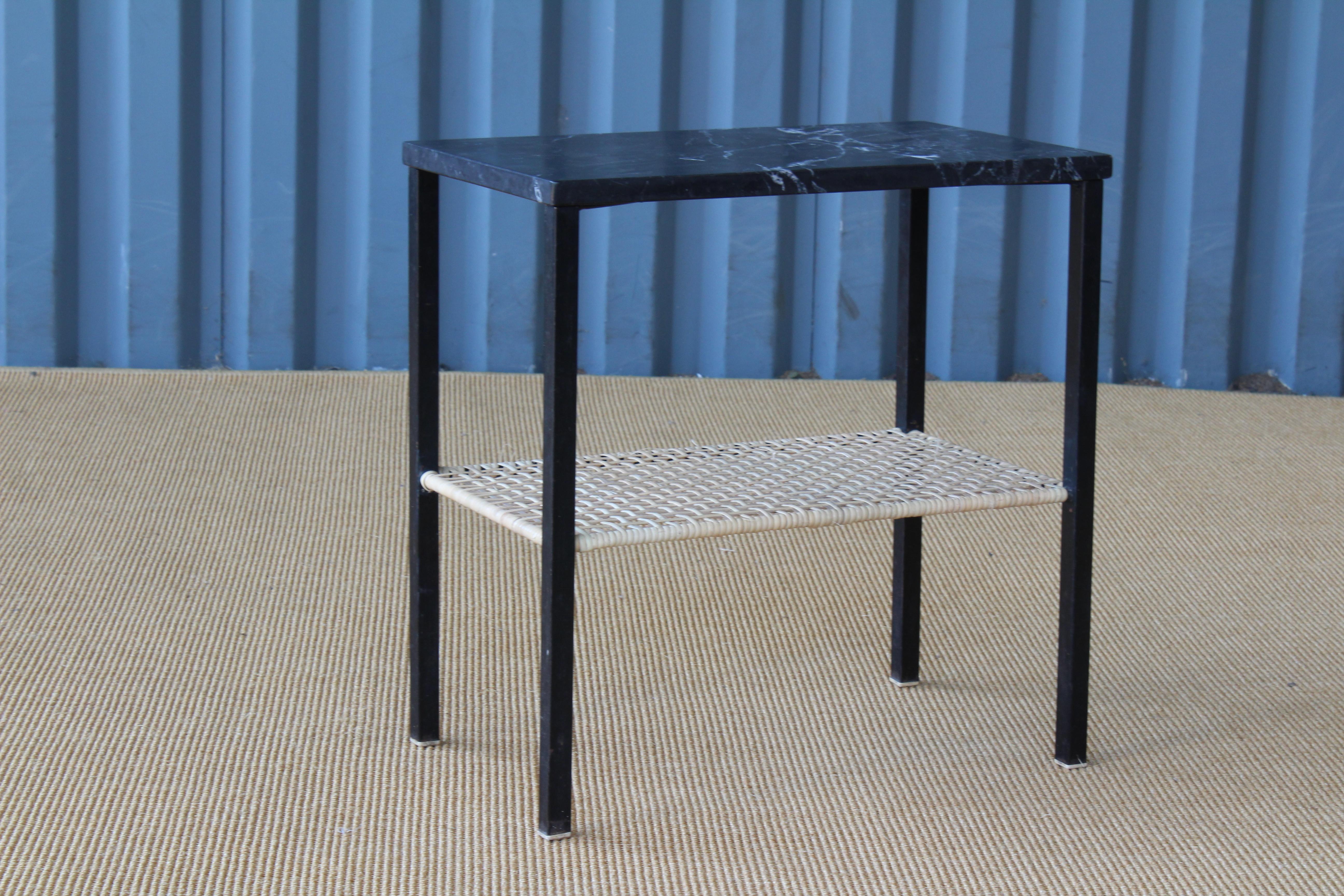 Metal Side Table with a Caned Shelf and Marble Top, 1950s, France In Excellent Condition In Los Angeles, CA
