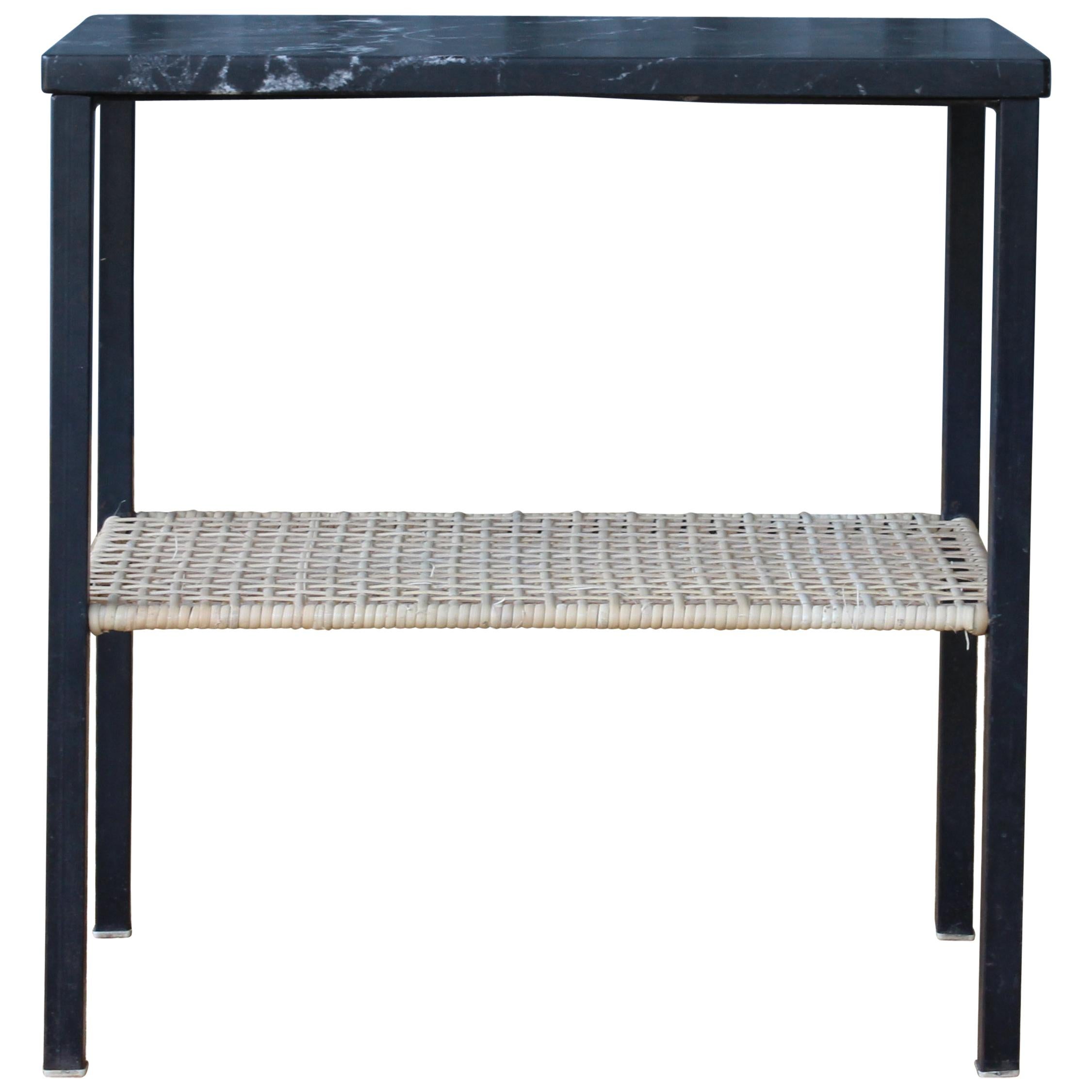 Metal Side Table with a Caned Shelf and Marble Top, 1950s, France