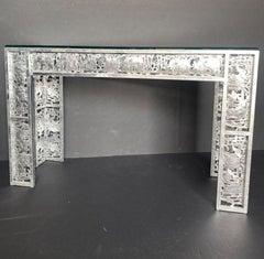 Metal Silver Leaf Finish Console with Elephant Scenes in the Jungle