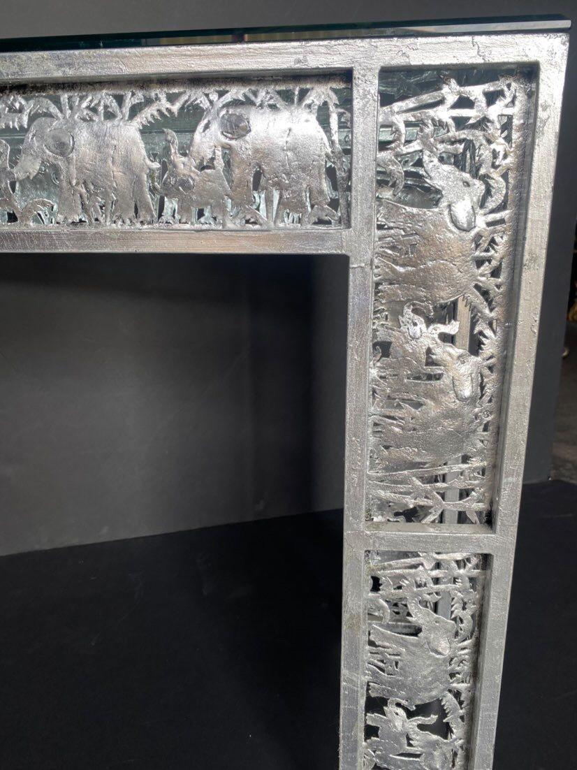 Metal Silver Leaf Finish Console with Elephant Scenes in the Jungle In Good Condition For Sale In Los Angeles, CA
