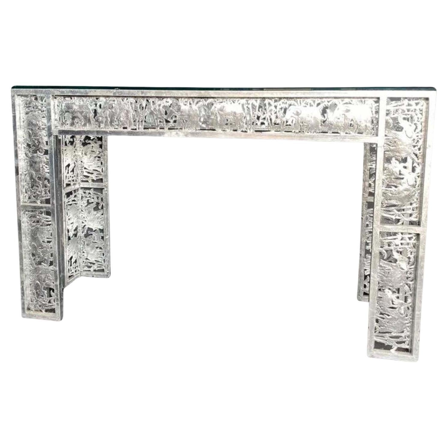 Metal Silver Leaf Finish Console with Elephant Scenes in the Jungle For Sale