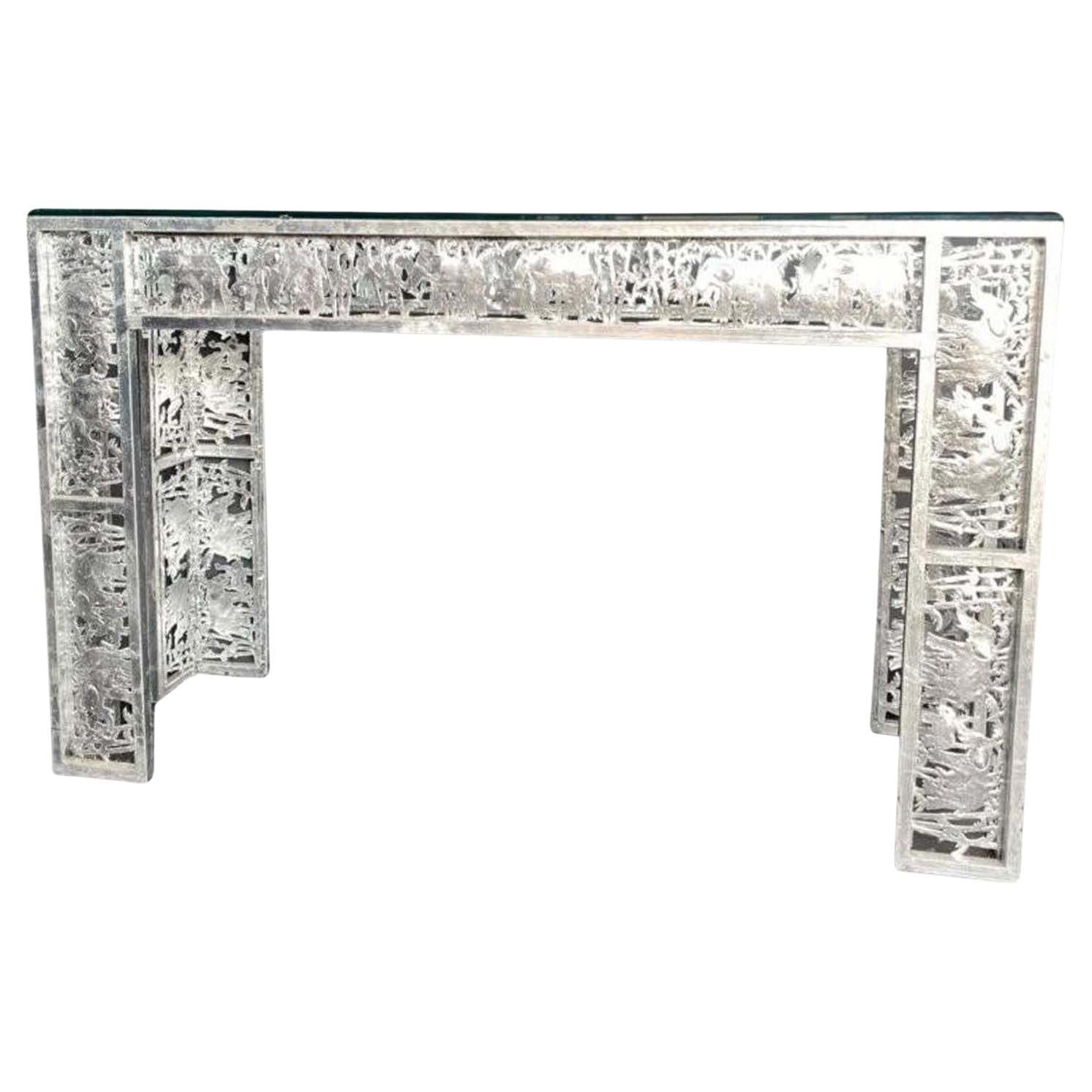 Metal Silver Leaf Finish Console with Elephant Scenes in the Jungle