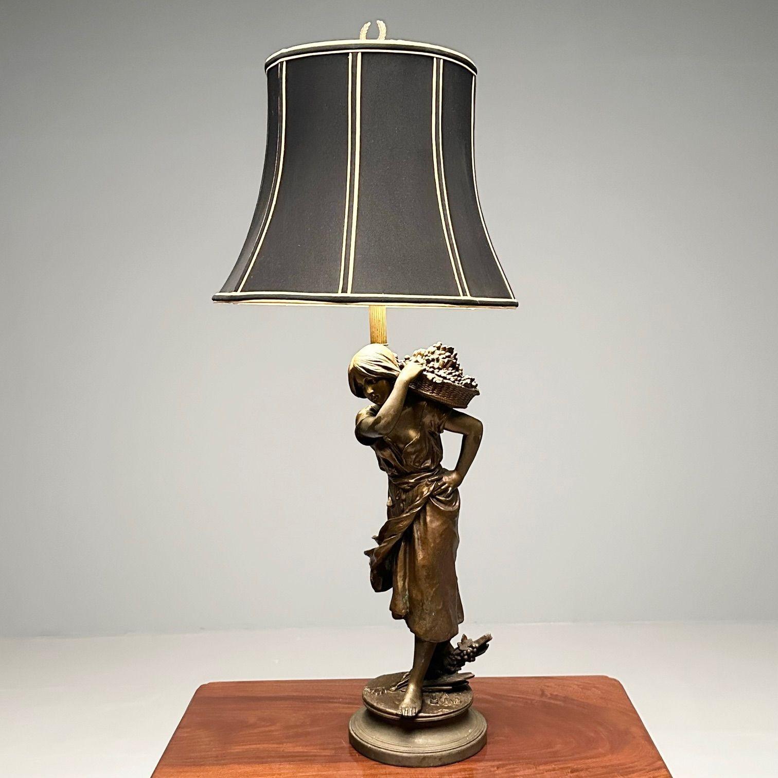 Metal Statue of a Woman Fruit Bearer, Mounted as Lamp, French, 1930s For Sale 11