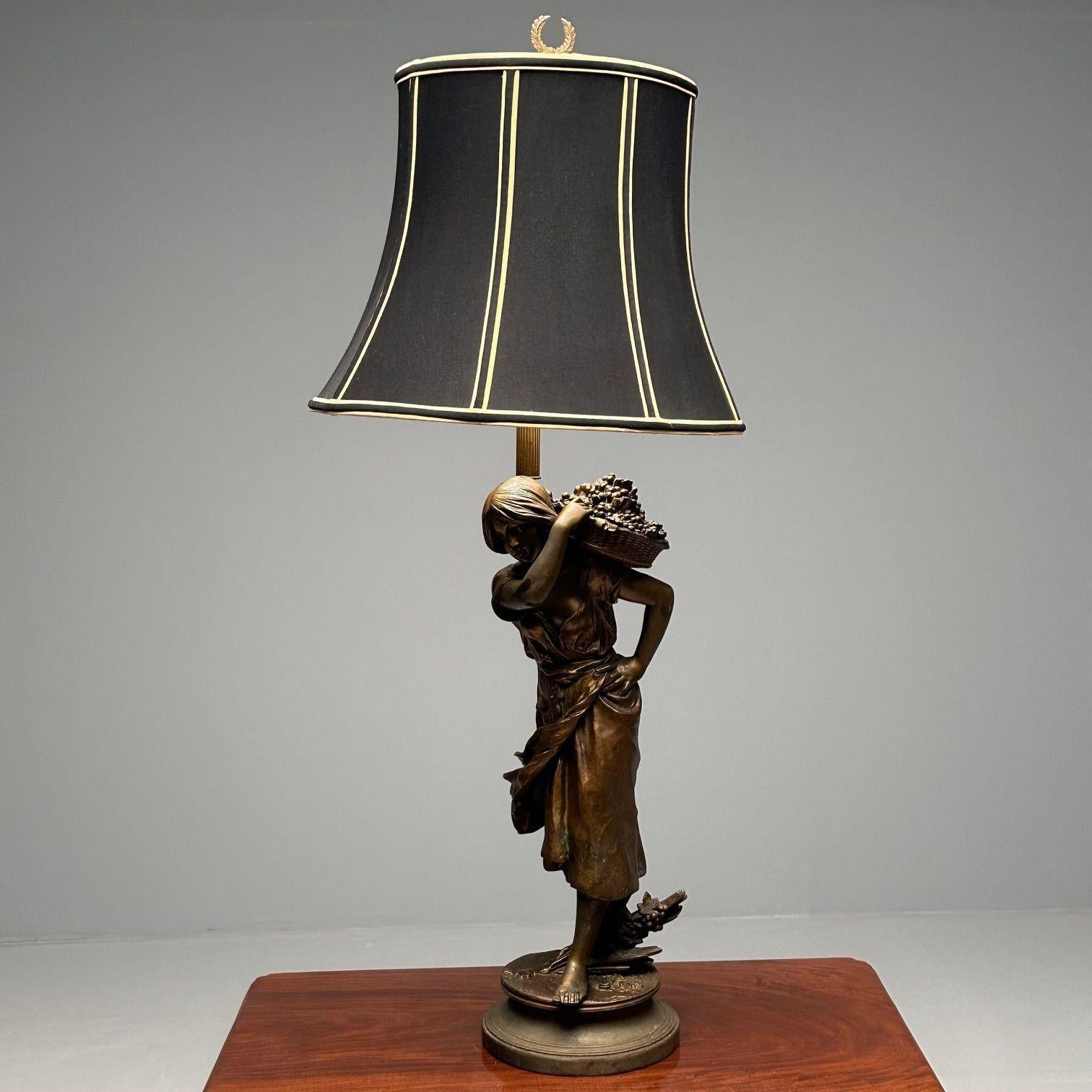 Belle Époque Metal Statue of a Woman Fruit Bearer, Mounted as Lamp, French, 1930s For Sale