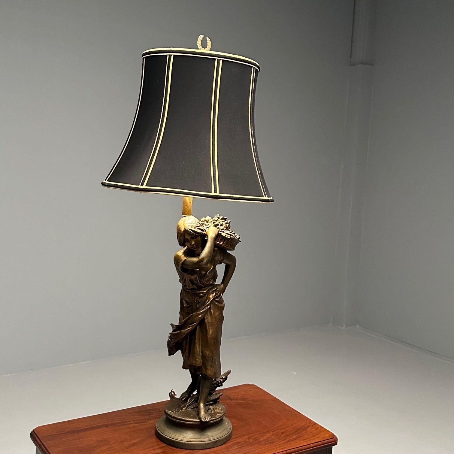 Metal Statue of a Woman Fruit Bearer, Mounted as Lamp, French, 1930s In Good Condition For Sale In Stamford, CT